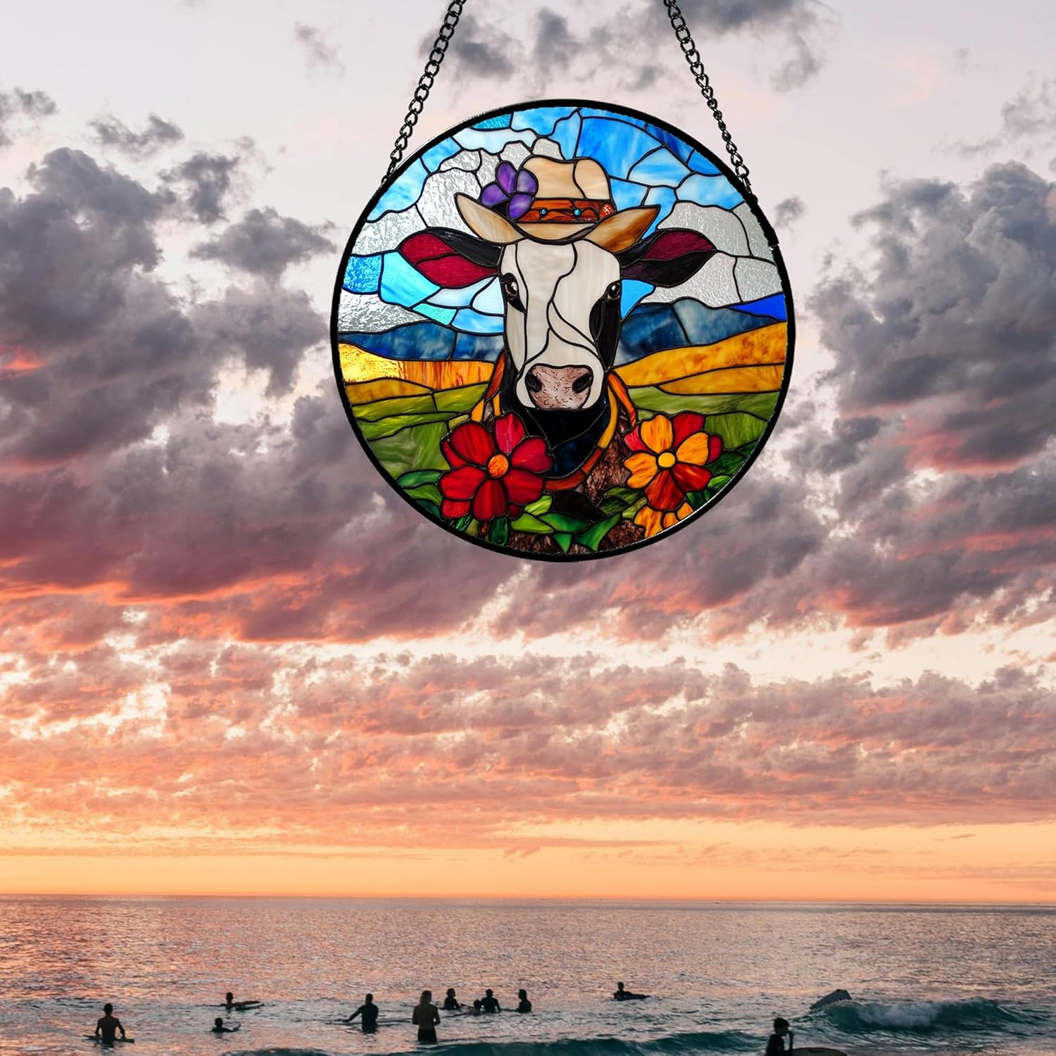 Stained Glass Window Hanging Funny Cow Large 11.8" - Blue Sky and Red Flowers Suncatcher Door Garden Sun Catcher Home Decor Birthday Christmas for Mom Woman Nana Men