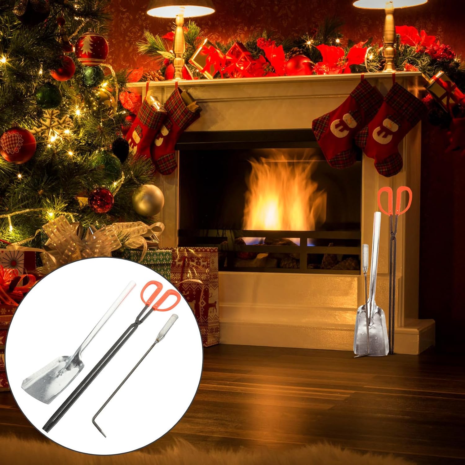 Iron Fireplace Tool Set with Fire Poker Hook Shovel for Logs