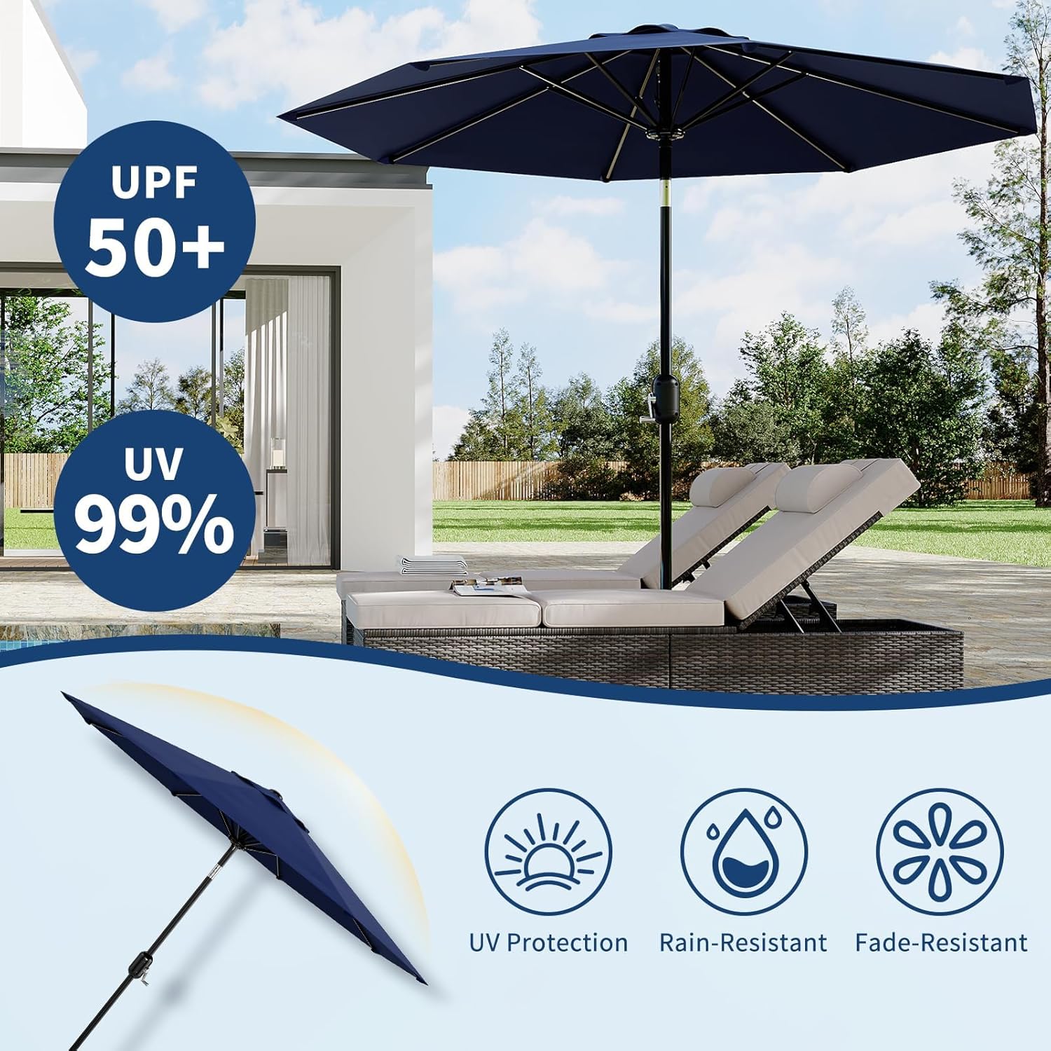 9FT Patio Umbrella with 8 Sturdy Ribs, Crank Lift, Push Button Tilt & Detachable Iron Pole, Double-Layer Vented Canopy with 99.9% UV Protection, Easy Assembly Outdoor Umbrella