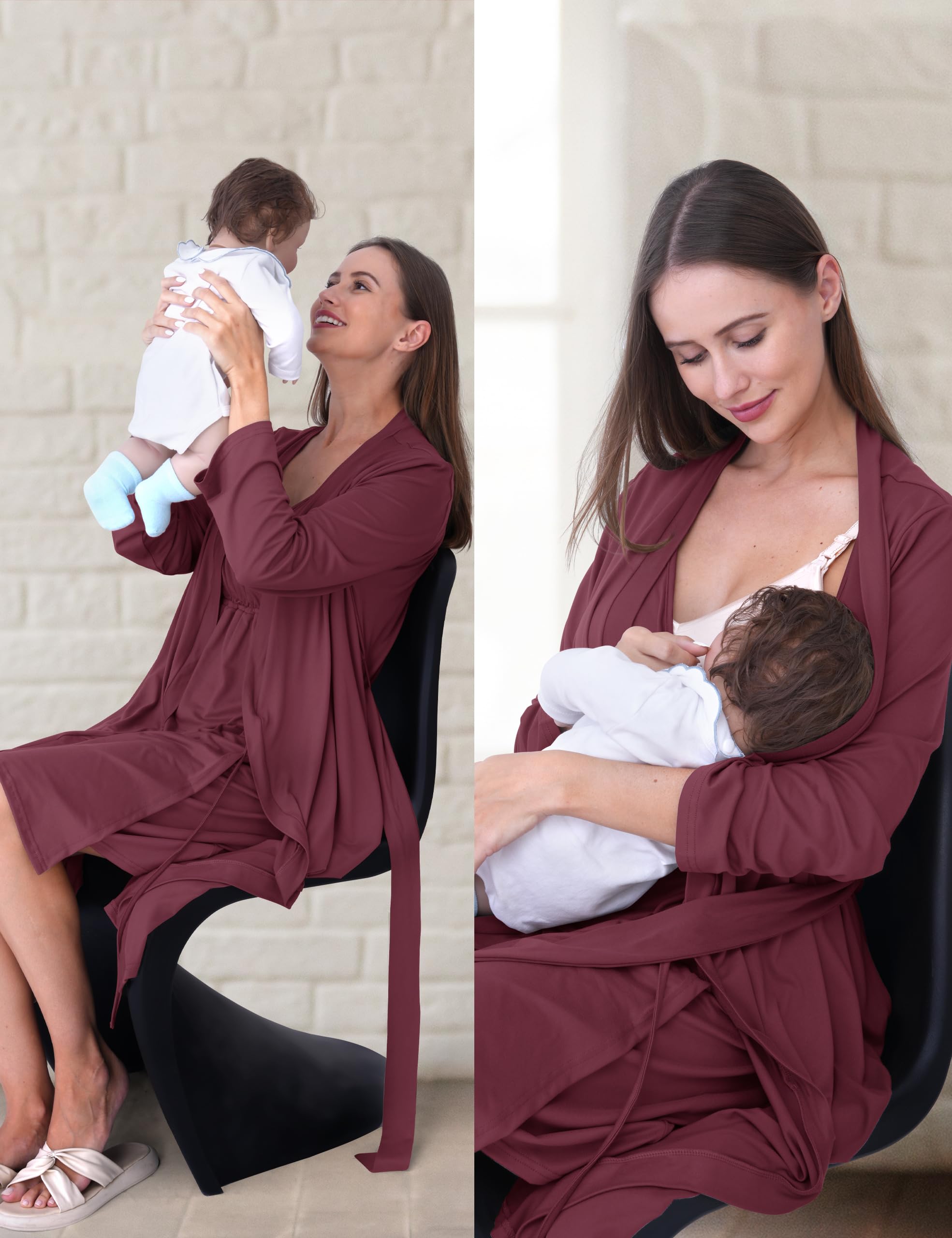 SUNNYBUY Chemise de nuit de grossesse et d'allaitement avec robe de chambre 2 pièces | Robe de nuit de grossesse 3 en 1 pour naissance, puerpéralité et allaitement, vêtement de nuit d'hôpital, rouge