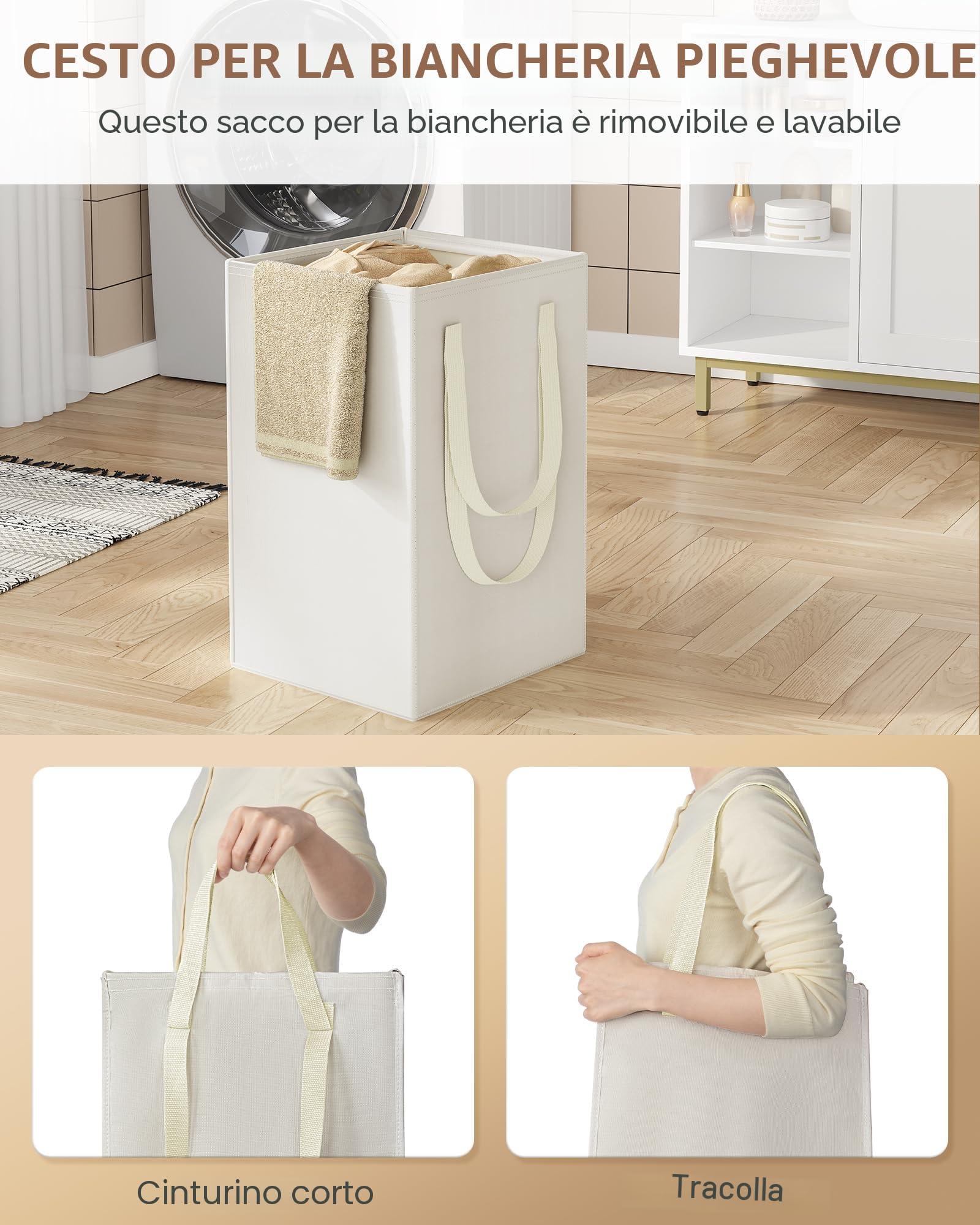 Hzuaneri Mobile da Bagno Alto, Armadio a Colonna da Bagno Salvaspazio, Con cesto portabiancheria pieghevole, Ripiani Regolabili, per Soggiorno, Lavanderia, 40 x 40 x 174 cm, Bianco BC43013X