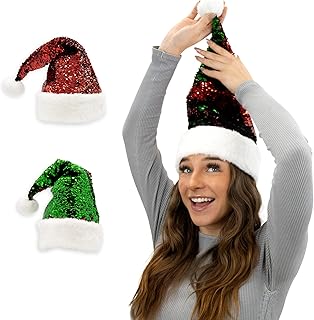 Plushible Santa Hat - Red & Green Flip Sequin Christmas Hats for Adults, Teens & Kids - Fun Winter Hats for Girls & Boys - Festive Holiday and Claus Costume Accessory Supplies - 18â€ x 12.5â€