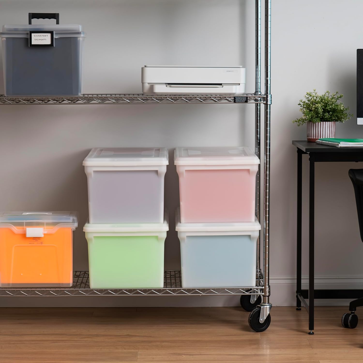 IRIS USA File Box, File Organizer w/Hinged Split Lid for Letter File, Important Document Box, Plastic Storage Filing Bin for Moving, Stackable Nestable Portable, Pearl 44 Qt. 4 Pack