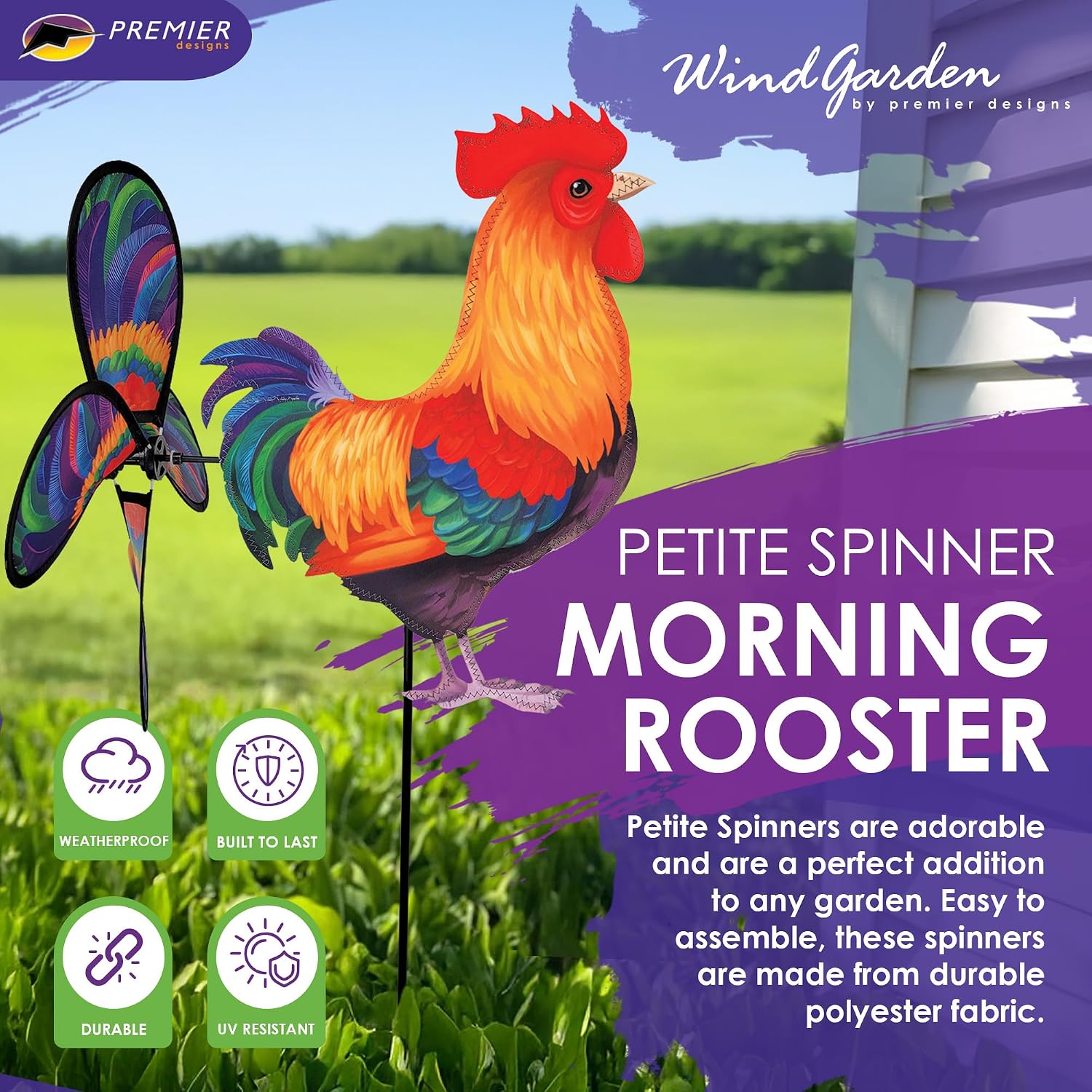 Premier Kites Petite Spinner Morning Rooster – Whimsical Wind Spinner for Yard & Garden, Durable Weather-Resistant Fabric, Easy to Assemble, Outdoor Decor for Patios, Lawns, & Fairy Lovers