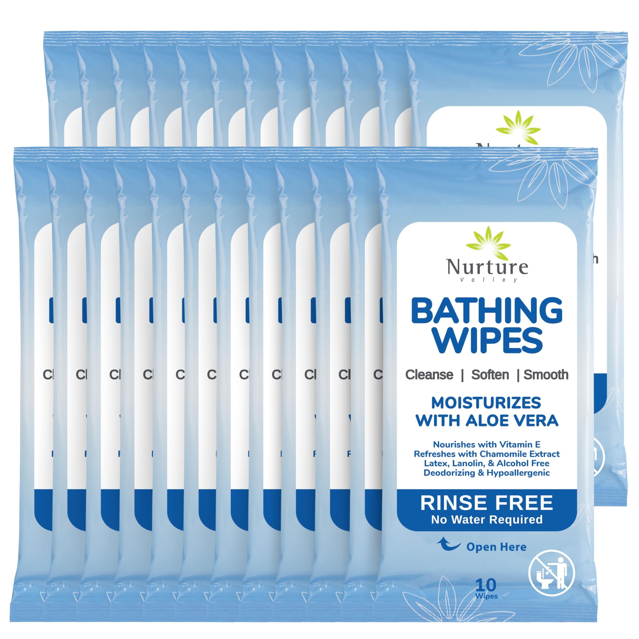 Nurture Rinse Free Bathing Wipes for Adults w/Aloe | Waterless Cleansing for Sensitive Skin | Disposable Adult Body Bath Wet Wipe for Disabled, Bedridden | 192 wipes