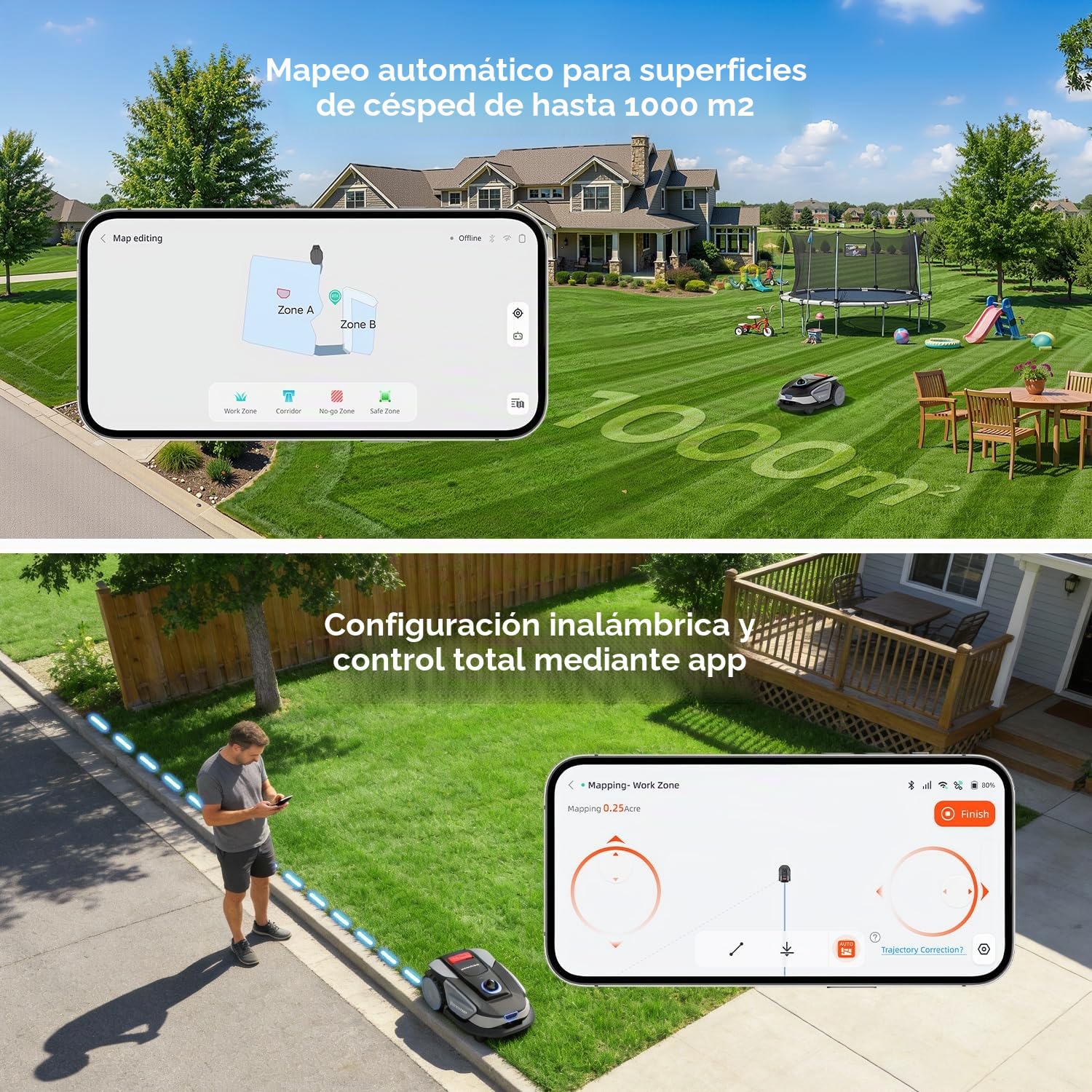 Sunseeker S4 Robot cortacésped inalámbrico perimetral, 1000 m², LiDAR 360°, Vision AI, mapeo automático, gestión multizona, prevención de obstáculos, Pendientes 42%, Control Mediante aplicación