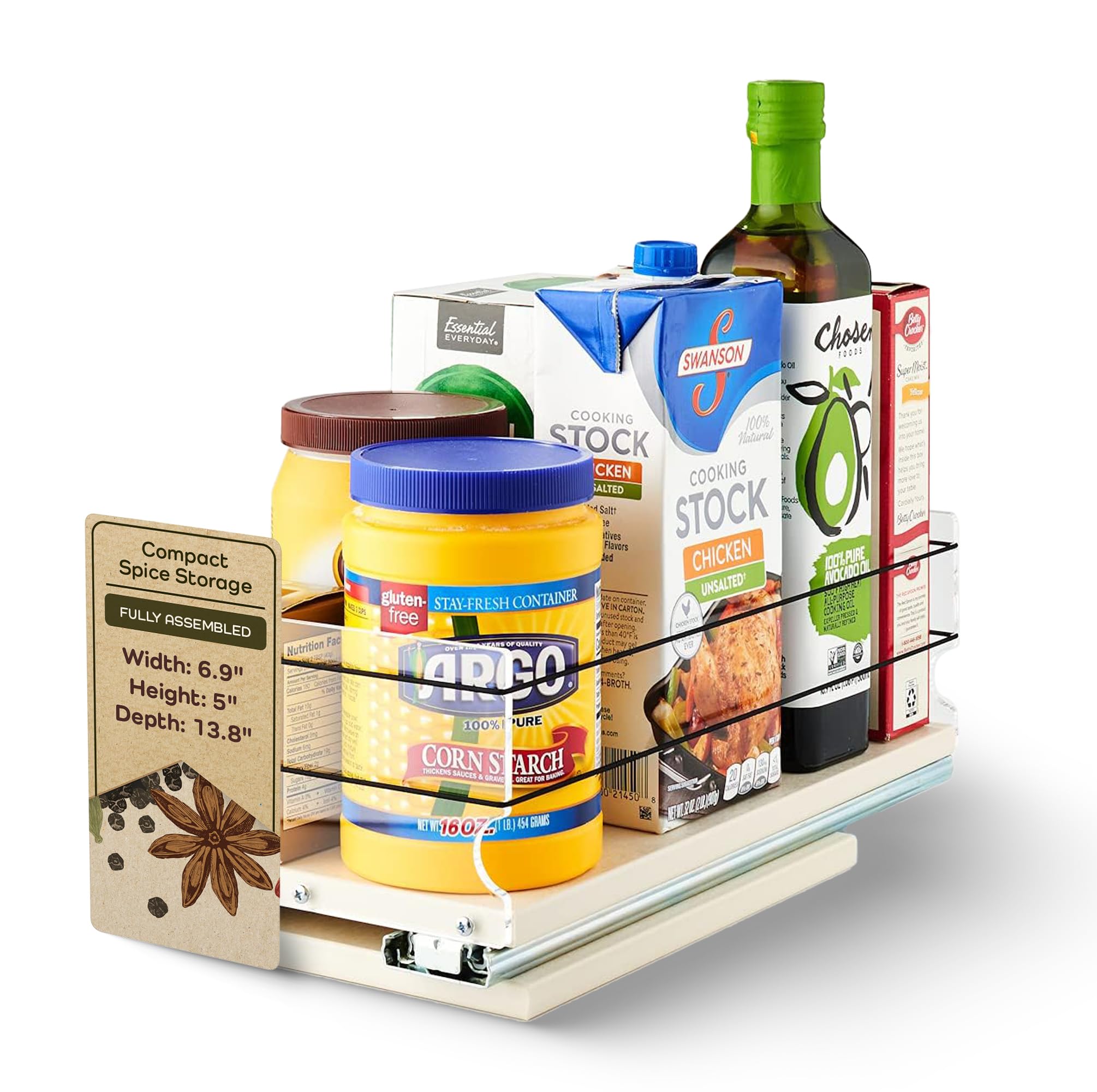 Vertical Spice13.8" Depth Heavy Duty Pull Out Spice Rack Drawer - 1 Drawer, Mix Containers - Sliding Cabinet and Pantry Organizer - Kitchen Cupboard Storage Rack (6.9" W x 5.0" H x 13.8" D, Cream)