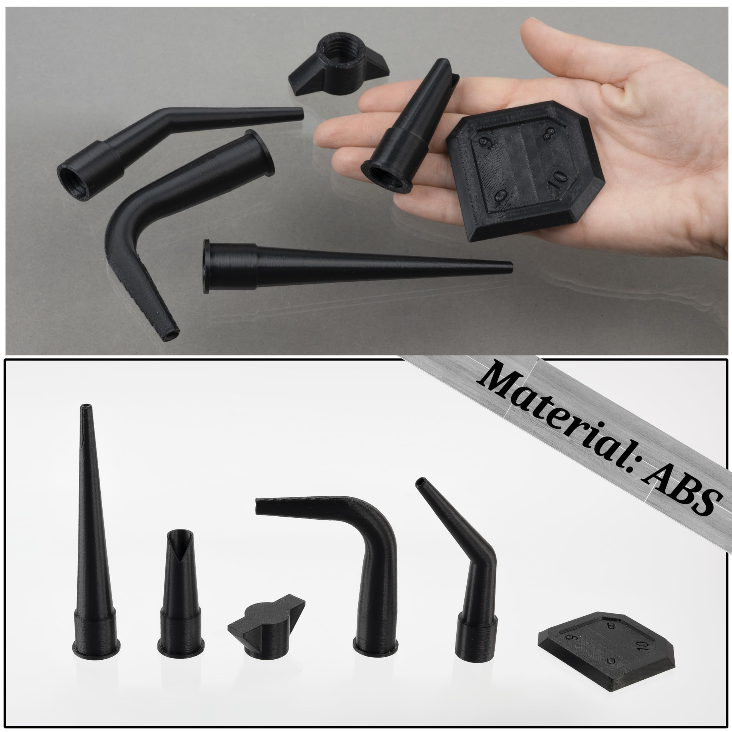 AERZETIX - Kit di 4 beccucci (2 dritti, 1 a 140°, 1 a 90°) per cartuccia di silicone + 1 spatola per lisciare le giunzioni + 1 tappo | in plastica nera