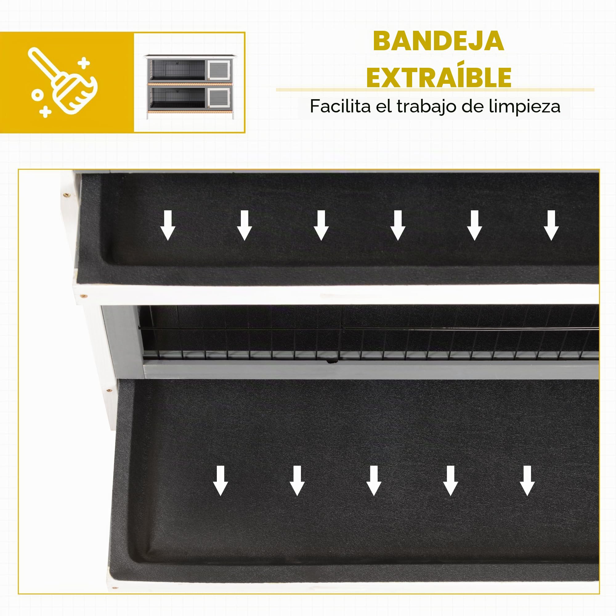 PawHut conejera 2 Niveles conejera de Madera Maciza a Prueba de Invierno casa de Dos Pisos con bandejas en el Suelo 136,4 x 50 x 93 cm Jaula para Conejos conejera para Animales pequeños Conejos de