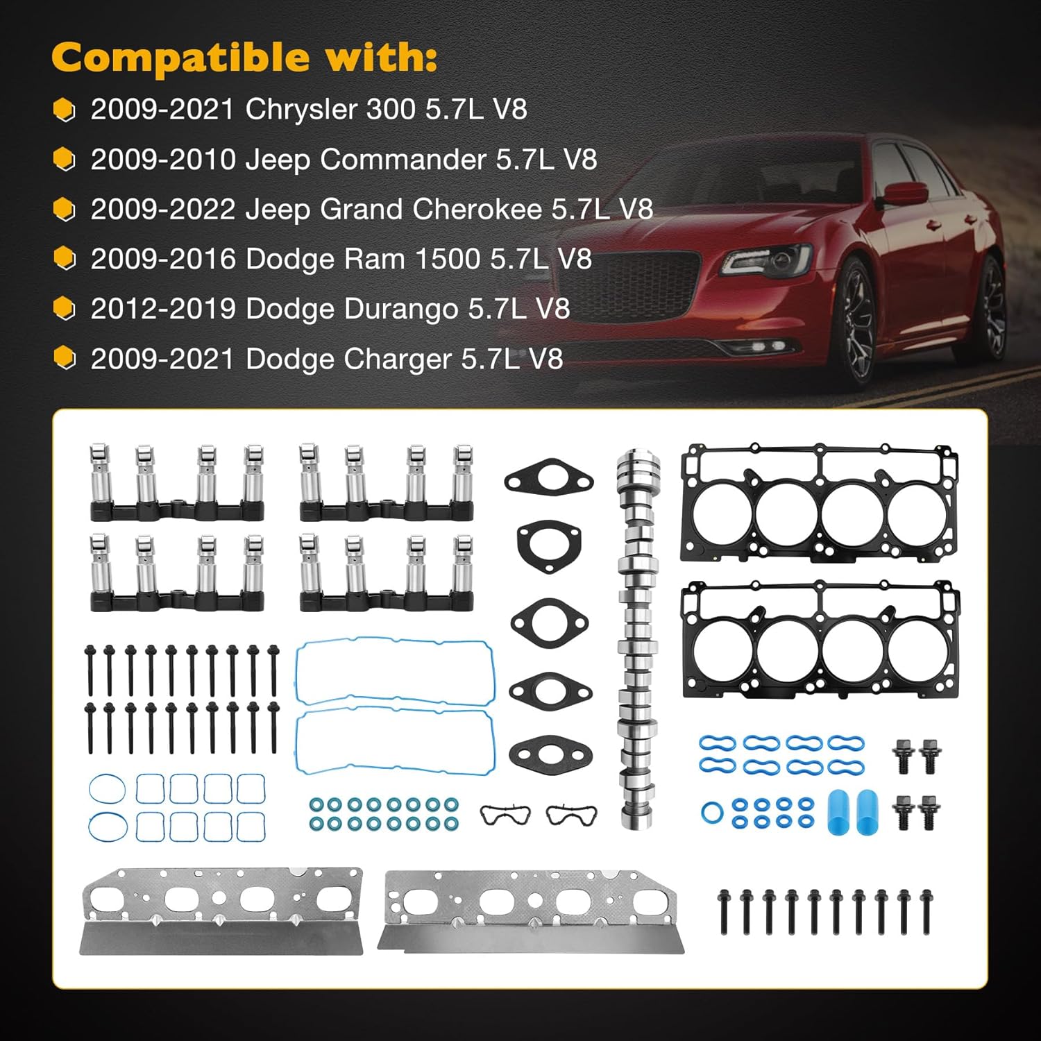 5.7L V8 MDS Hemi Camshaft and Lifters Set With Engine Head Gaskets kit, Compatible with 2009-2022 Chrysler Jeep Commander Grand Cherokee Dodge Durango, Replaces# 53021720AB 53022372AA