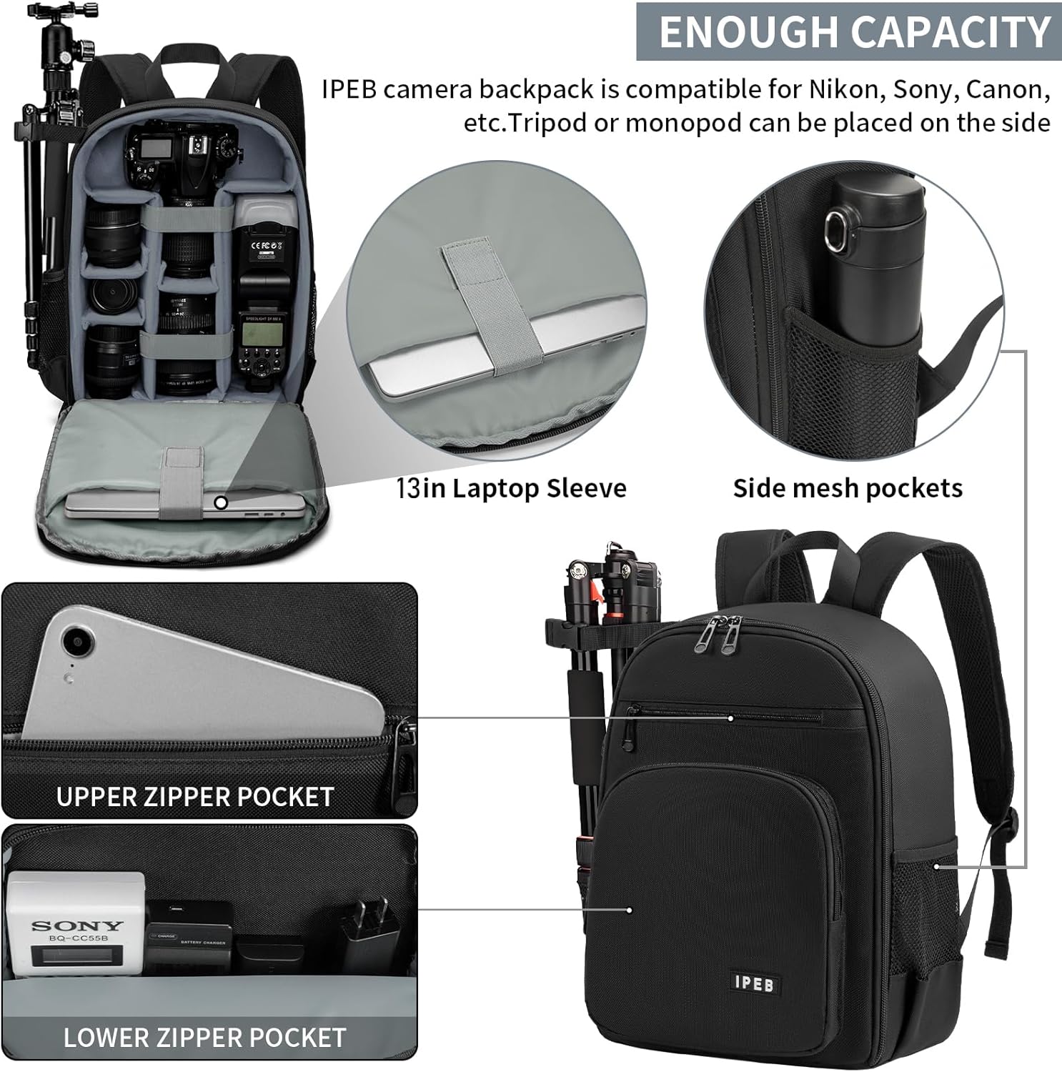 Camera Backpack for DSLR/SLR/Mirrorless Bag Professional Waterproof Camera Case 11"X5.9"X15" for Photographers Grey - Image 3