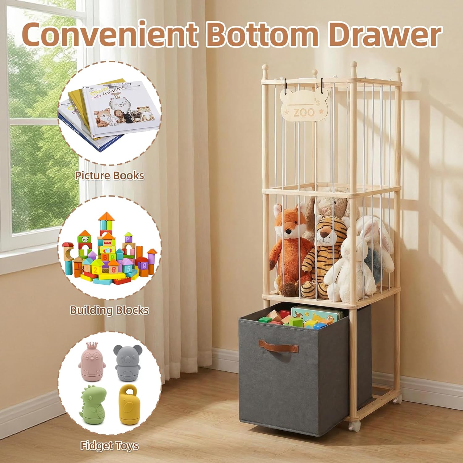 Stuffed Animal Storage Zoo Tower with 4 Brake Wheels & Bottom Storage Bin,Unpainted Natural Wood Large Plushies Storage Holder Organizer, Toy Storage for Playroom Bedroom Nursery