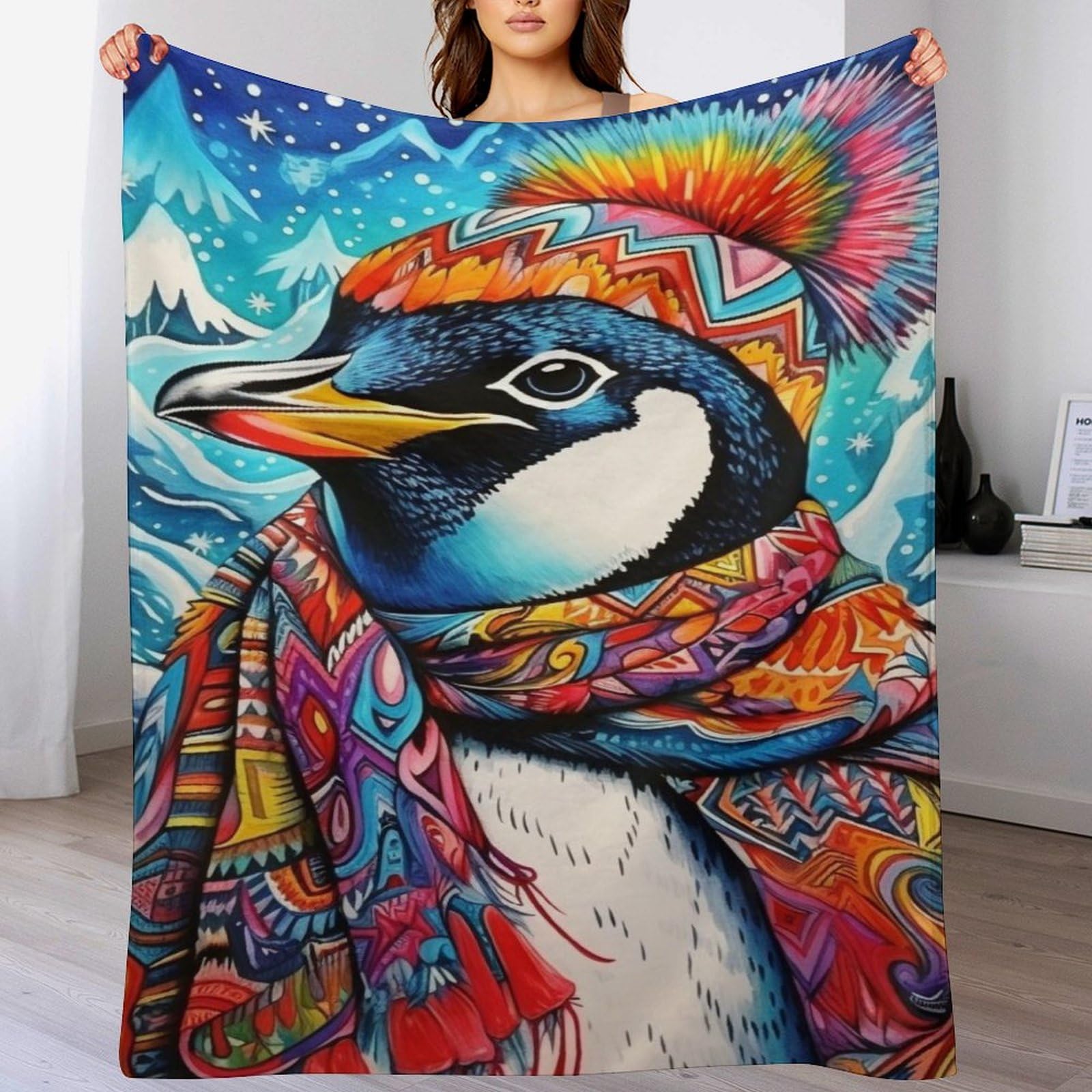 Couverture polaire pingouin en flannel 140x180cm pour lit
