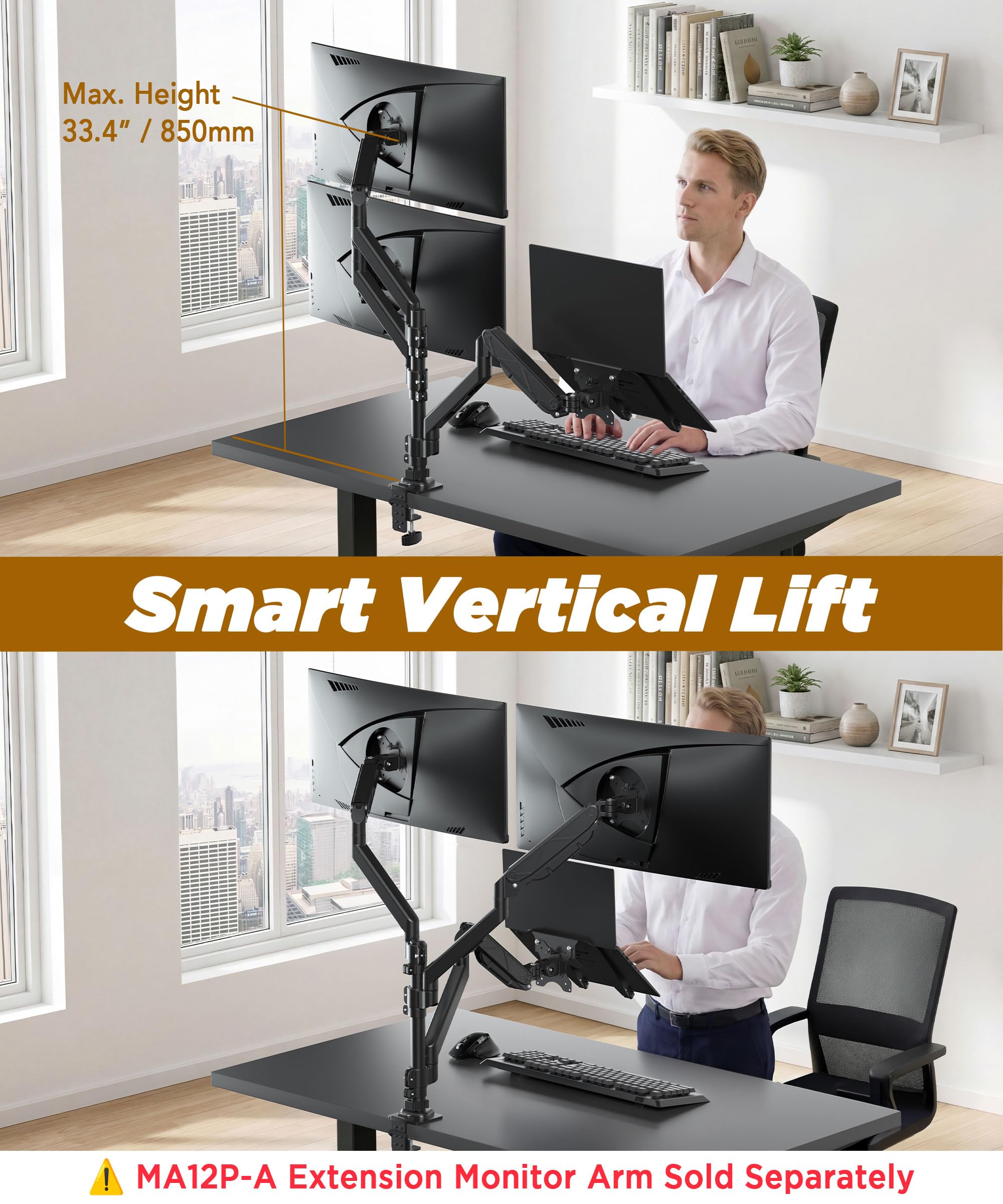 ULTRARM Braccio extra alto e robusto per monitor ultrawide da 40" | Altezza max 85 cm, capacità VESA 12 kg, morsetto a C e passacavi, regolabile, braccio ergonomico, Nero, MA12P-S