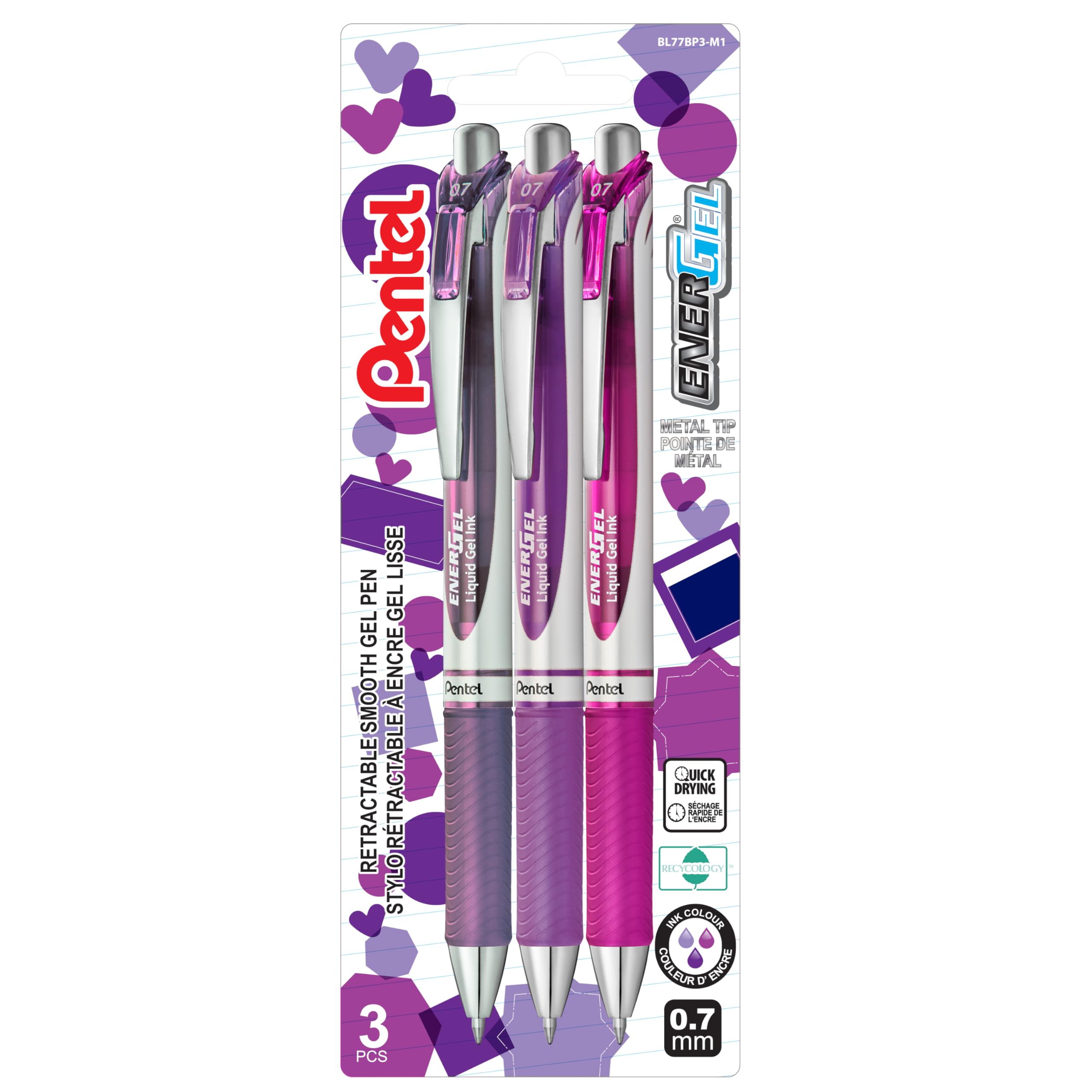 Pentel EnerGel Retractable Liquid Gel Rollerball, 0.7mm Medium Point, 3PC Pack, Passion Colours, Violet, Lilac, Magenta