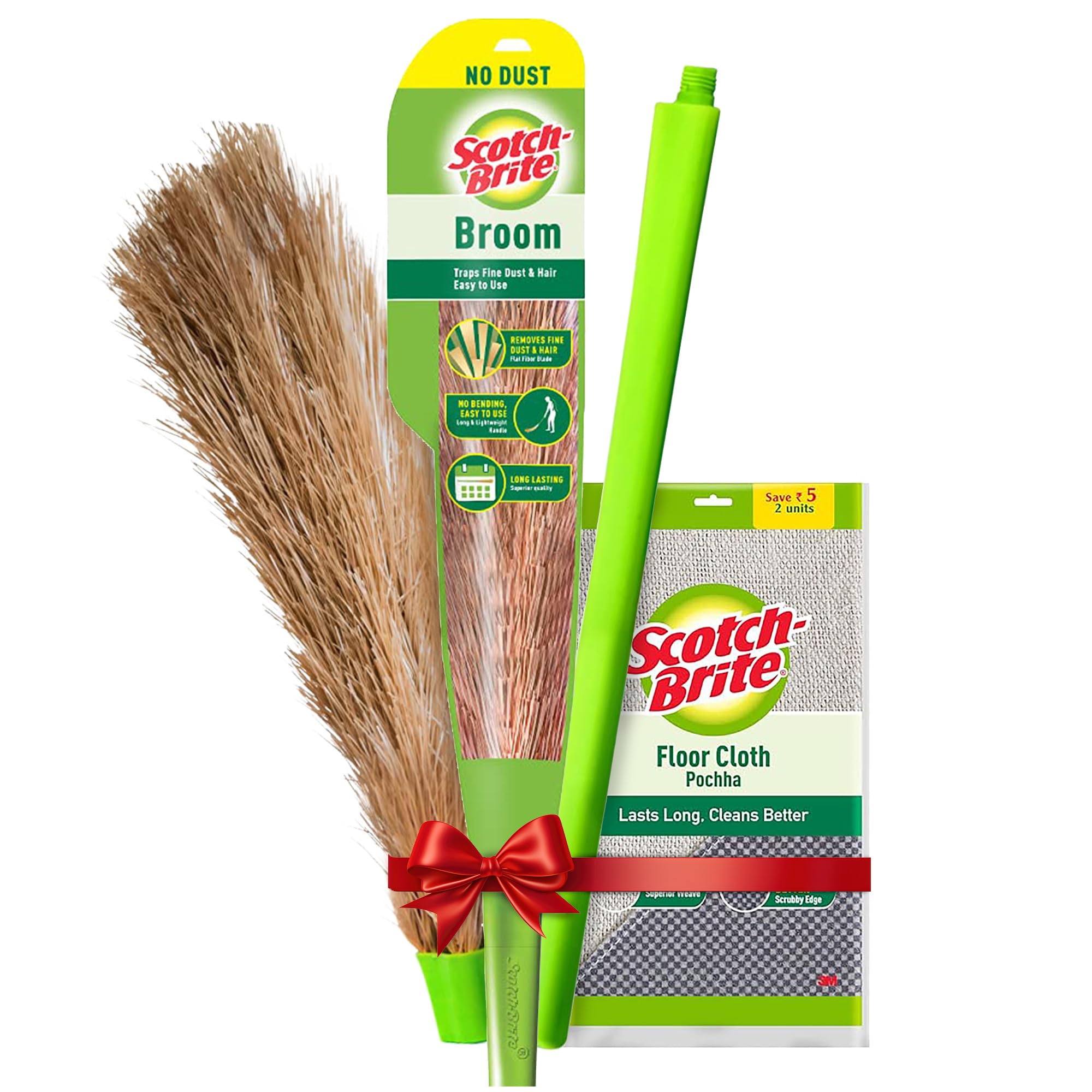 Scotch-Brite Floor Cleaning Kit Plastic Broom with Cloth Pochha - 2 Pieces, Green