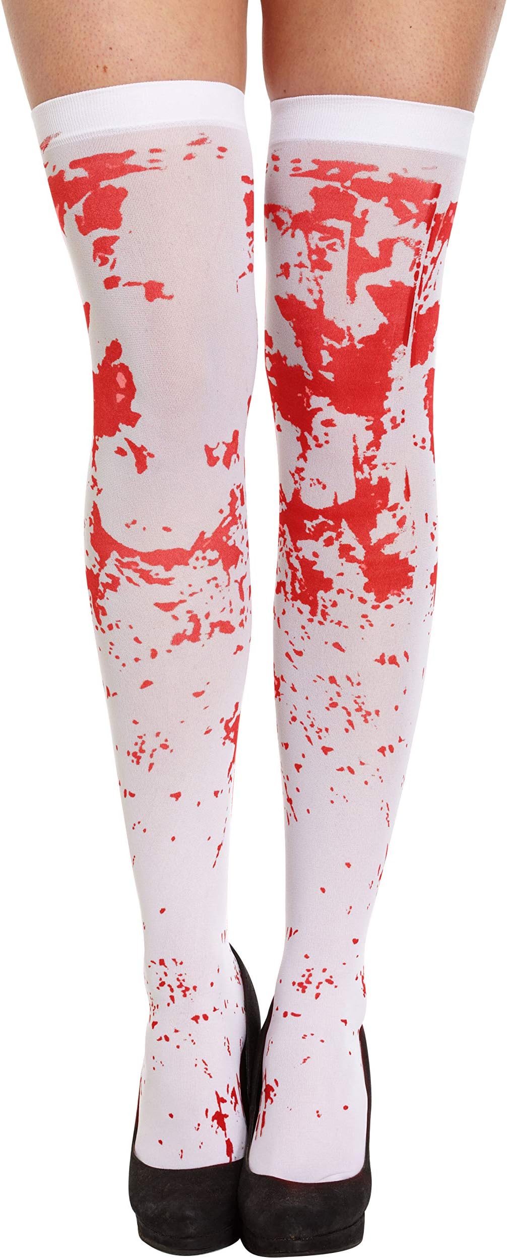 Henbrandt Adult Bloody Stockings Above the Knee Hold Ups White Blood Stained Halloween Women’s Fancy Dress Accessories for Dead Zombie Bride School Girl Nurse Zombie Cheerleader Halloween Costumes