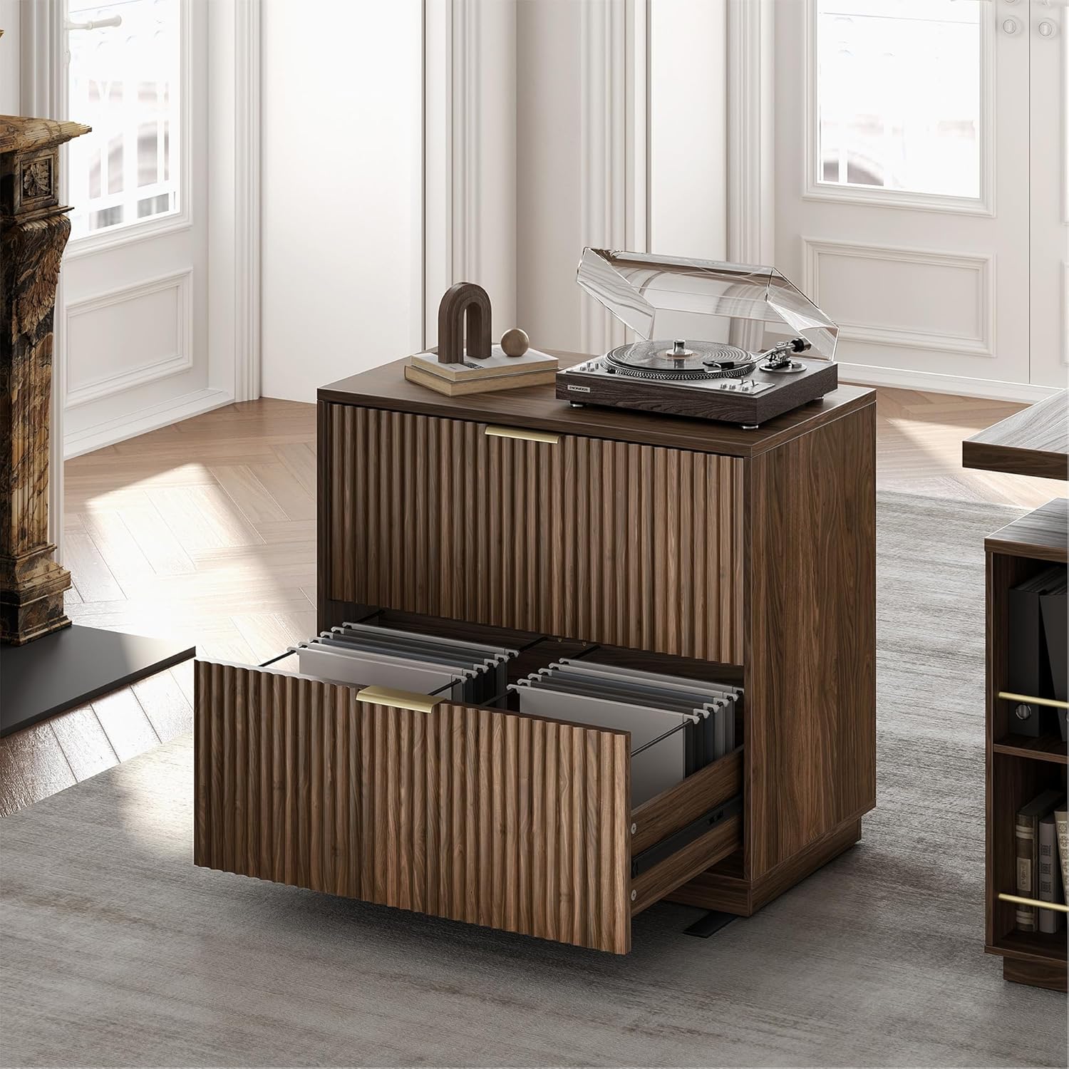 2 Drawer Fluted File Cabinet 32 Lateral File Cabinet for Legal Letter A4 F4 Size Hanging Files Wood