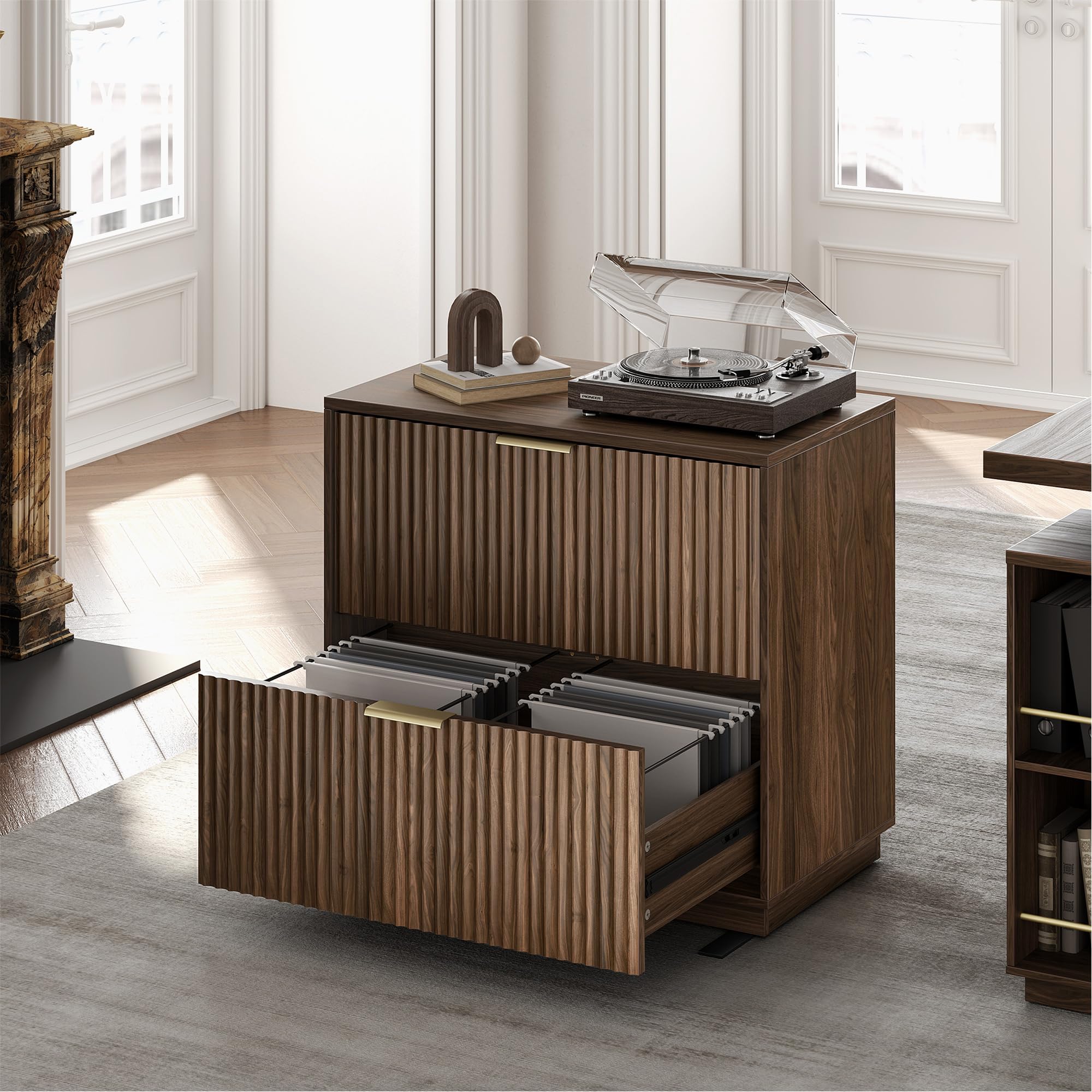 2 Drawer Fluted File Cabinet 32 Lateral File Cabinet for Legal Letter A4 F4 Size Hanging Files Wood