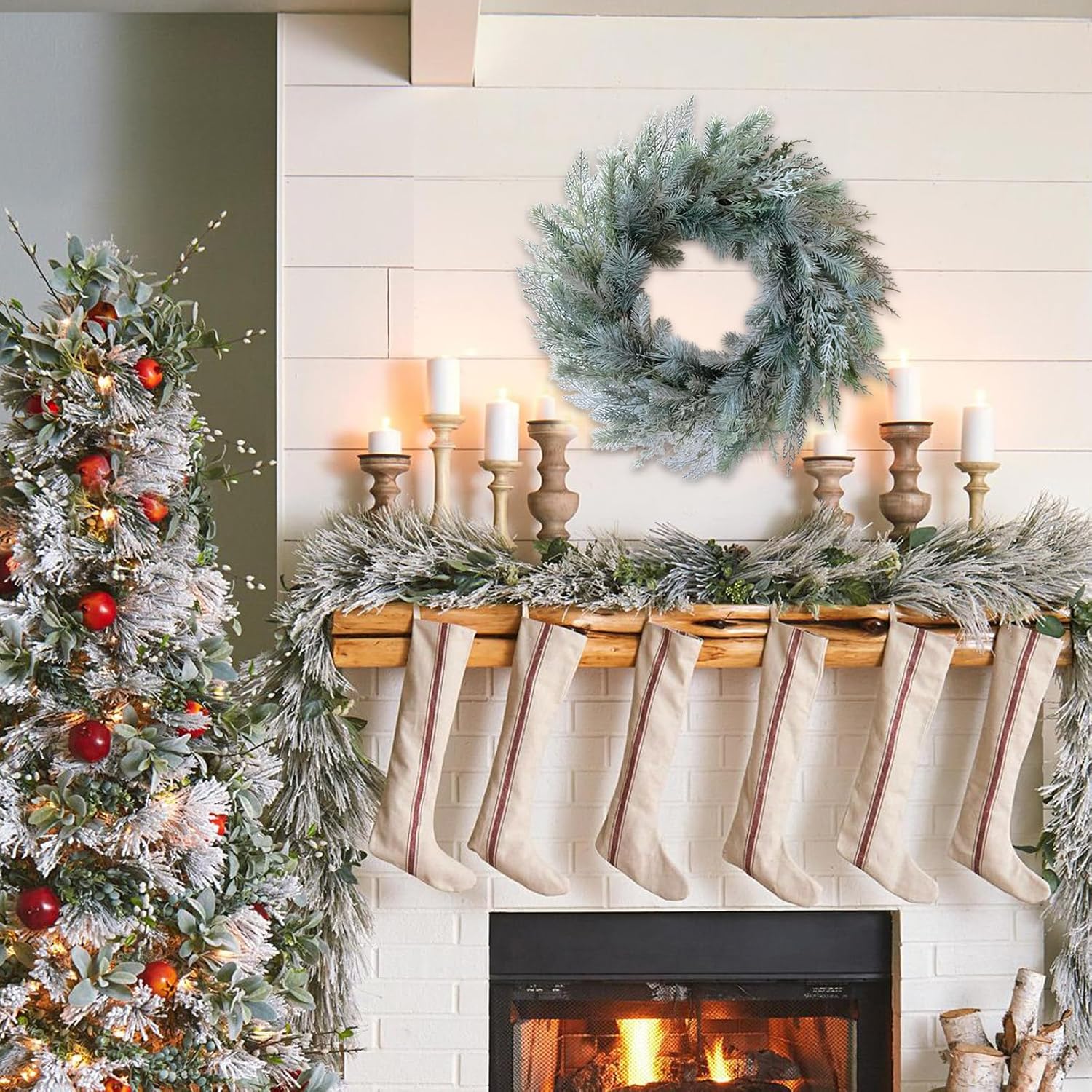 idyllic 24 Inch Norfolk Pine Wreath and Cedar Wreath for Front Door, Real Touch Christmas Wreath for Indoor and Outdoor Decor, Snowy White Xmas Winter Wreaths for Porch or Window - Image 5