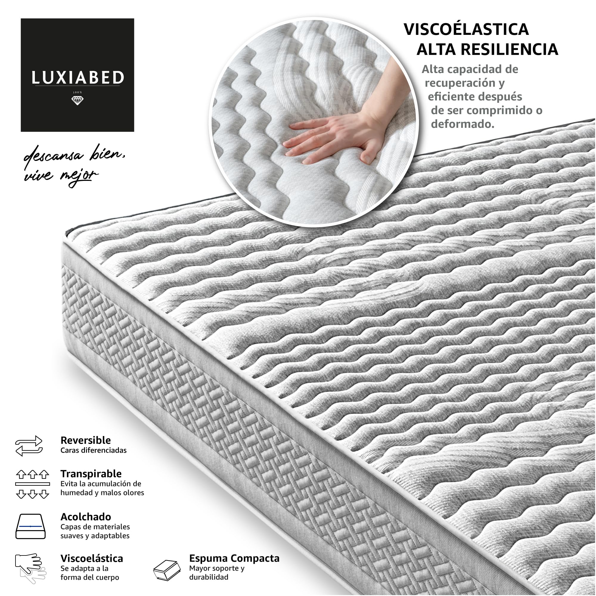 LUXIABED Colchon 150x200 Viscoelastica Dual: Caras Diferenciadas. Confort + Firmeza Media MemorySens. Higiénico y Transpirable. Individual Color Gris. Modelo Optimal Altura 28 cm