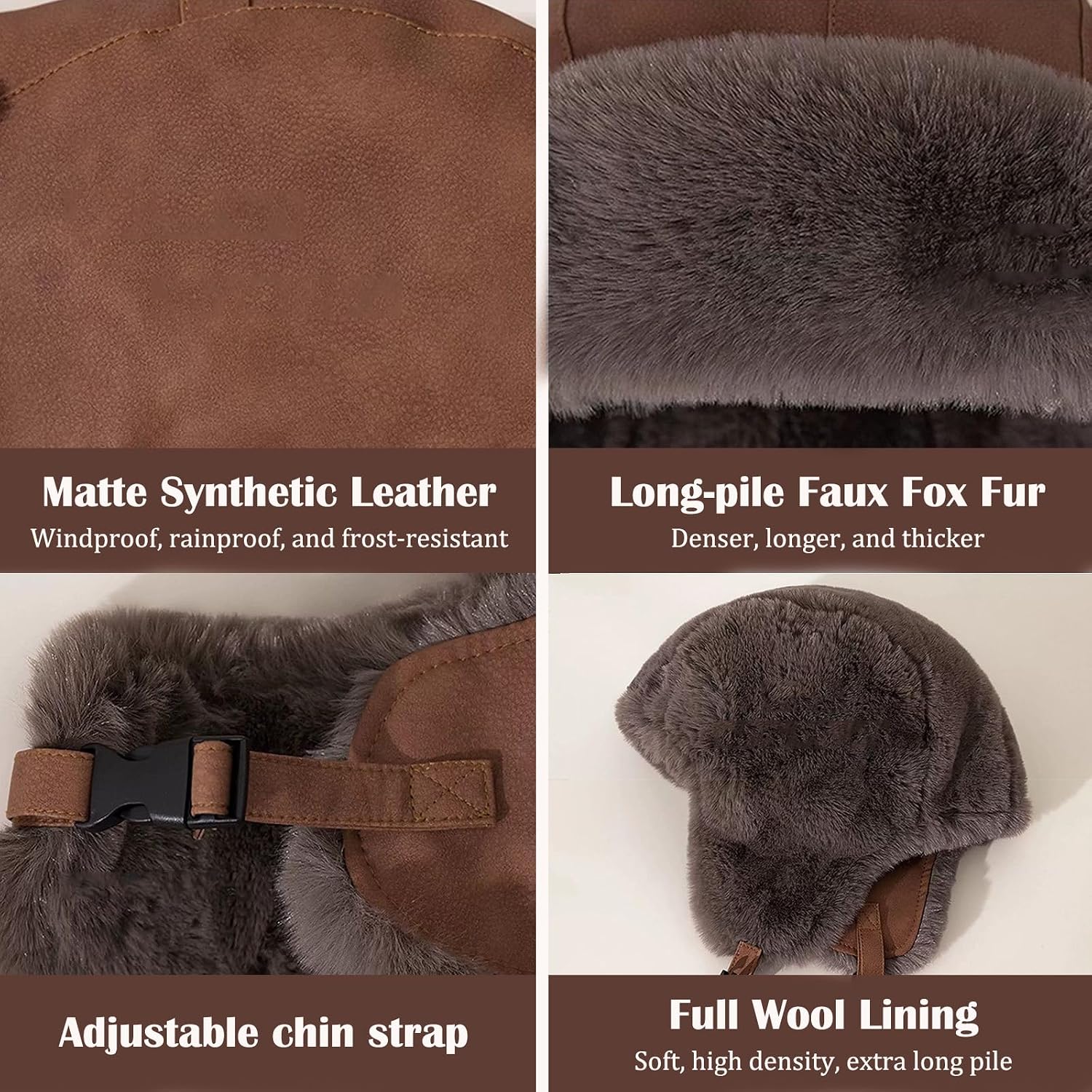 Winter Trapper Hat with Faux Fur Lining, Brown Leather Star Design Aviator Cap with Ear Flaps for Men and Women