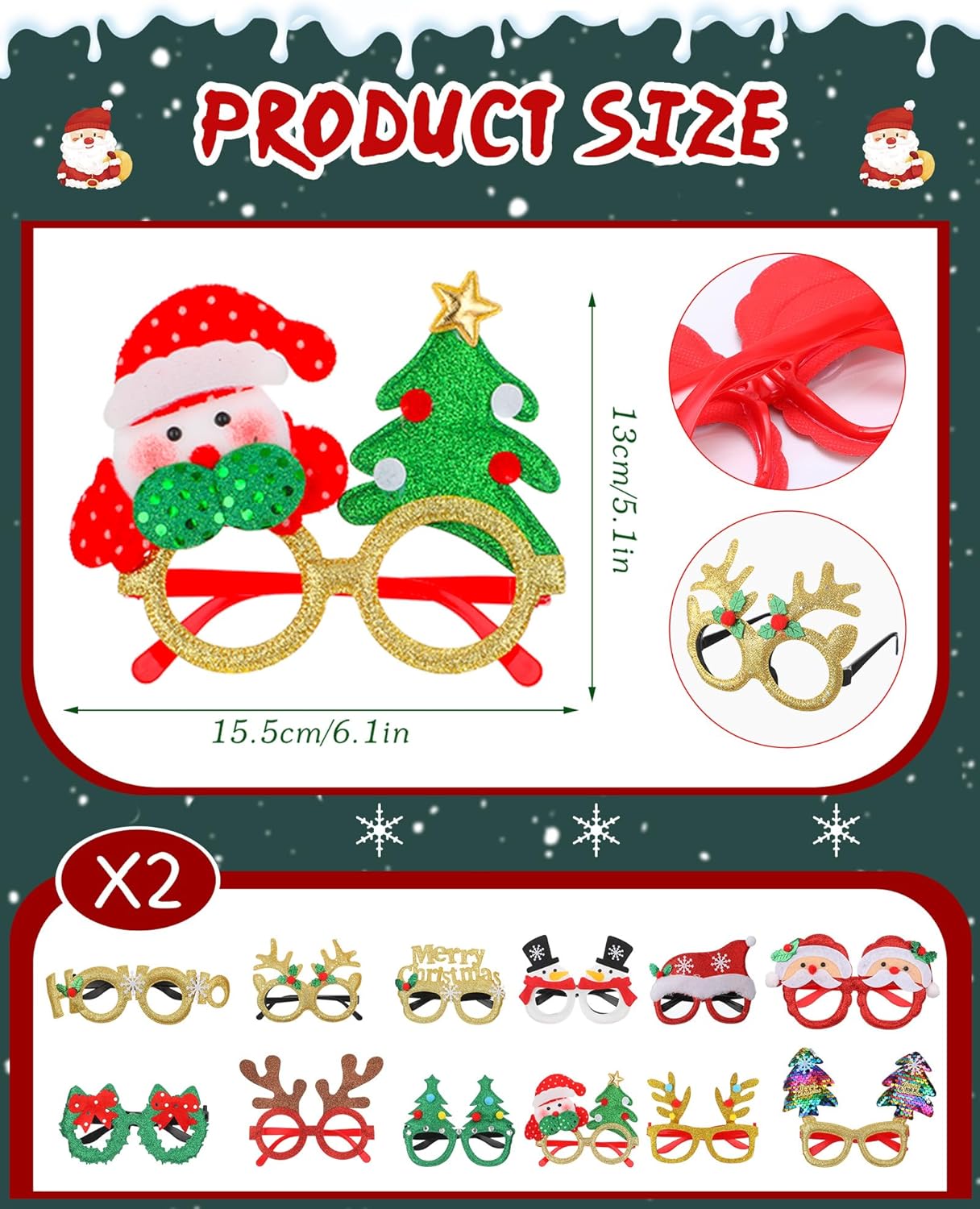 Yilloog 48 Pcs Headbands Christmas Glitter Glasses Frame Set, Christmas Party Favors, Cute Felt Glitter Eyeglasses Headpieces Set for Xmas New Year Holiday Adults Party Supplies