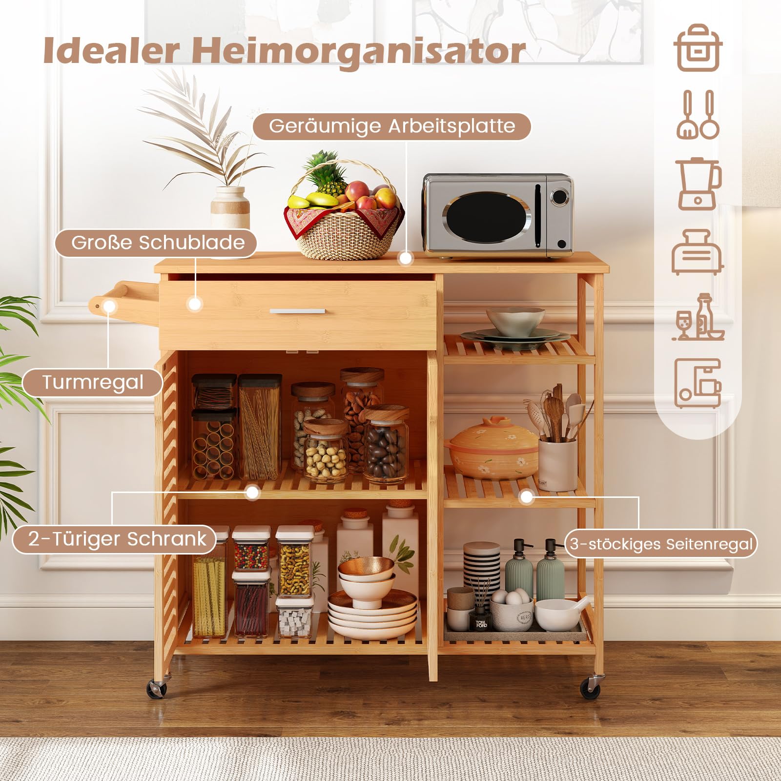COSTWAY Küchenwagen aus Holz und Bambus, Küchenschrank mit Rollen, Rollwagen mit Schublade, offenen Regalen, Handtuchhalter, 2 Lattentüren, für Esszimmer, Wohnzimmer, 104 x 40 x 89 cm, Natur