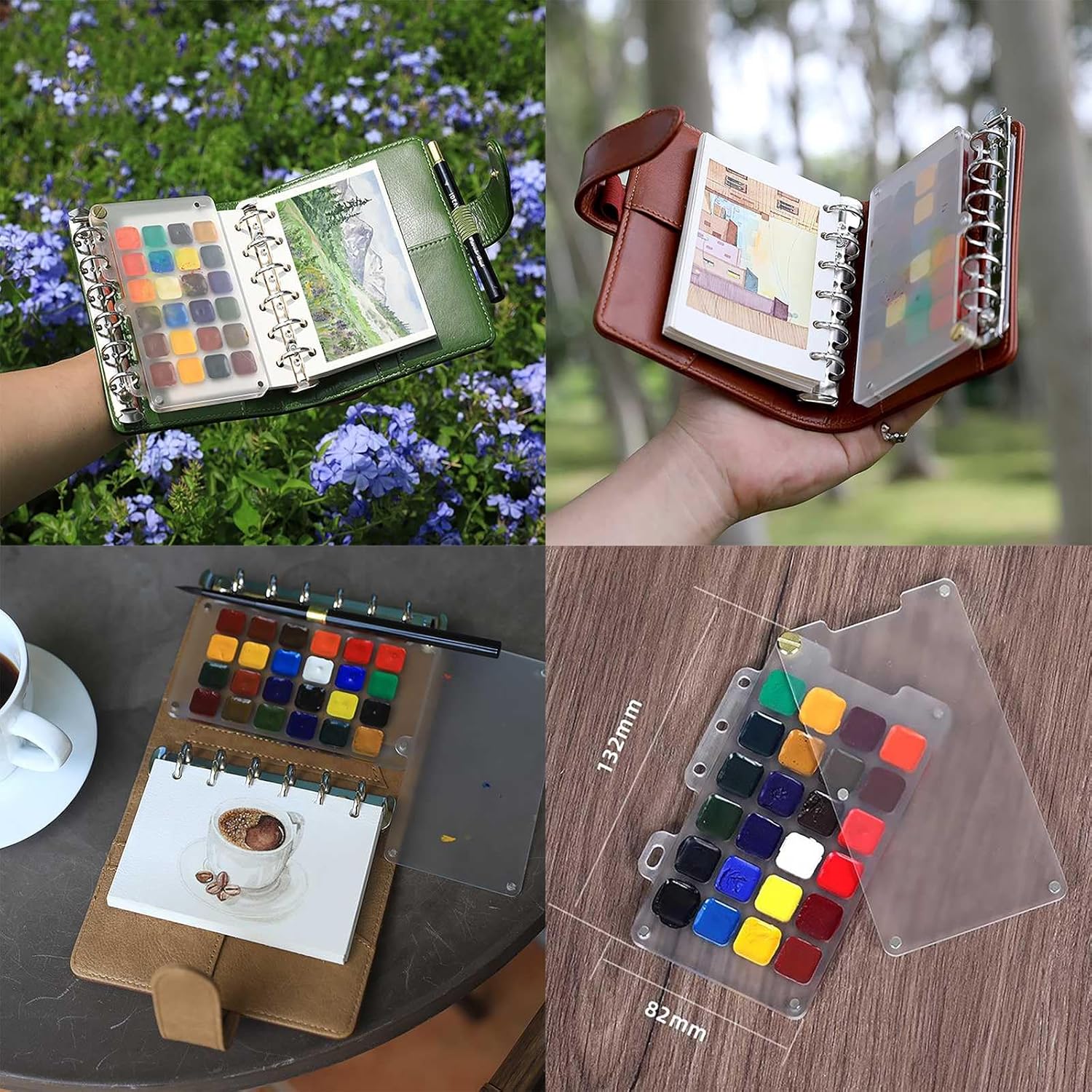 Mini Paint Palette Travel Kit, Contains 24 Pigments A7 Paper Size Watercolor Paint Palette Set with 20 Binder Paper, Watercolor Pens Portable Painting Kit, for Outdoors Painting