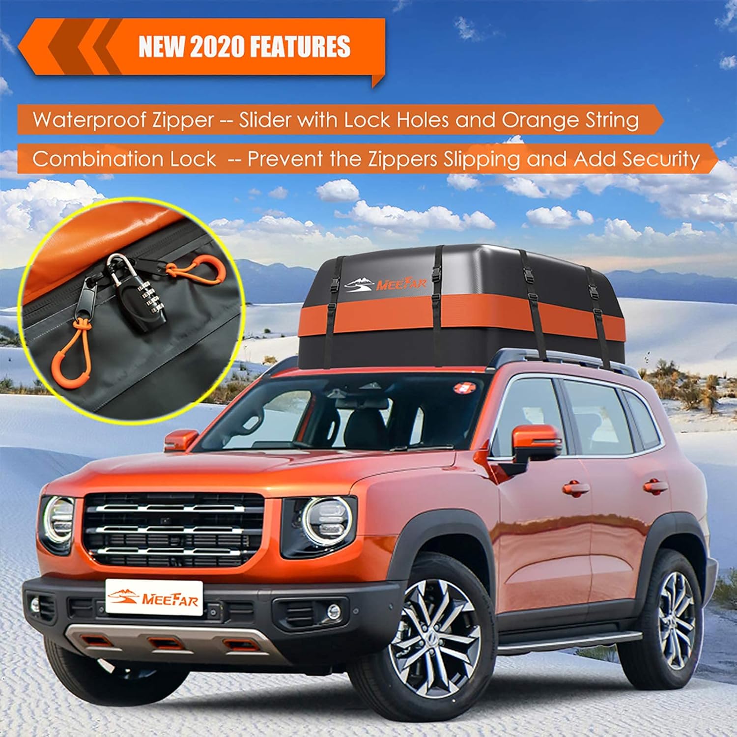 Combo of MeeFar Hitch Mount Cargo Carrier Bag Soft Shell 20 Cubic Feet 100% Waterproof + 15 Cubic Feet Car Roof Bag Cargo Carrier