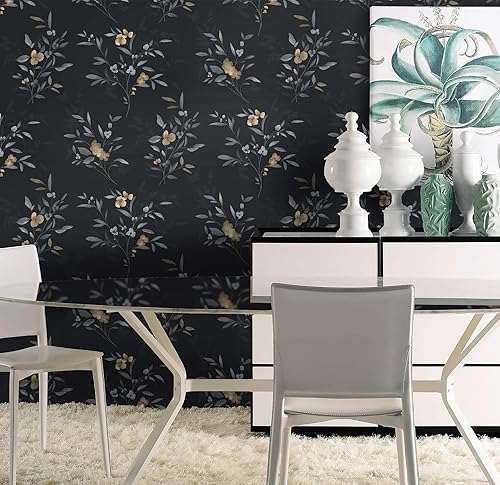 Miniatura 4 de Papel tapiz floral oscuro, papel tapiz de hojas negras, papel de contacto con flores doradas, papel autoadhesivo extraíble, impermeable, papel de