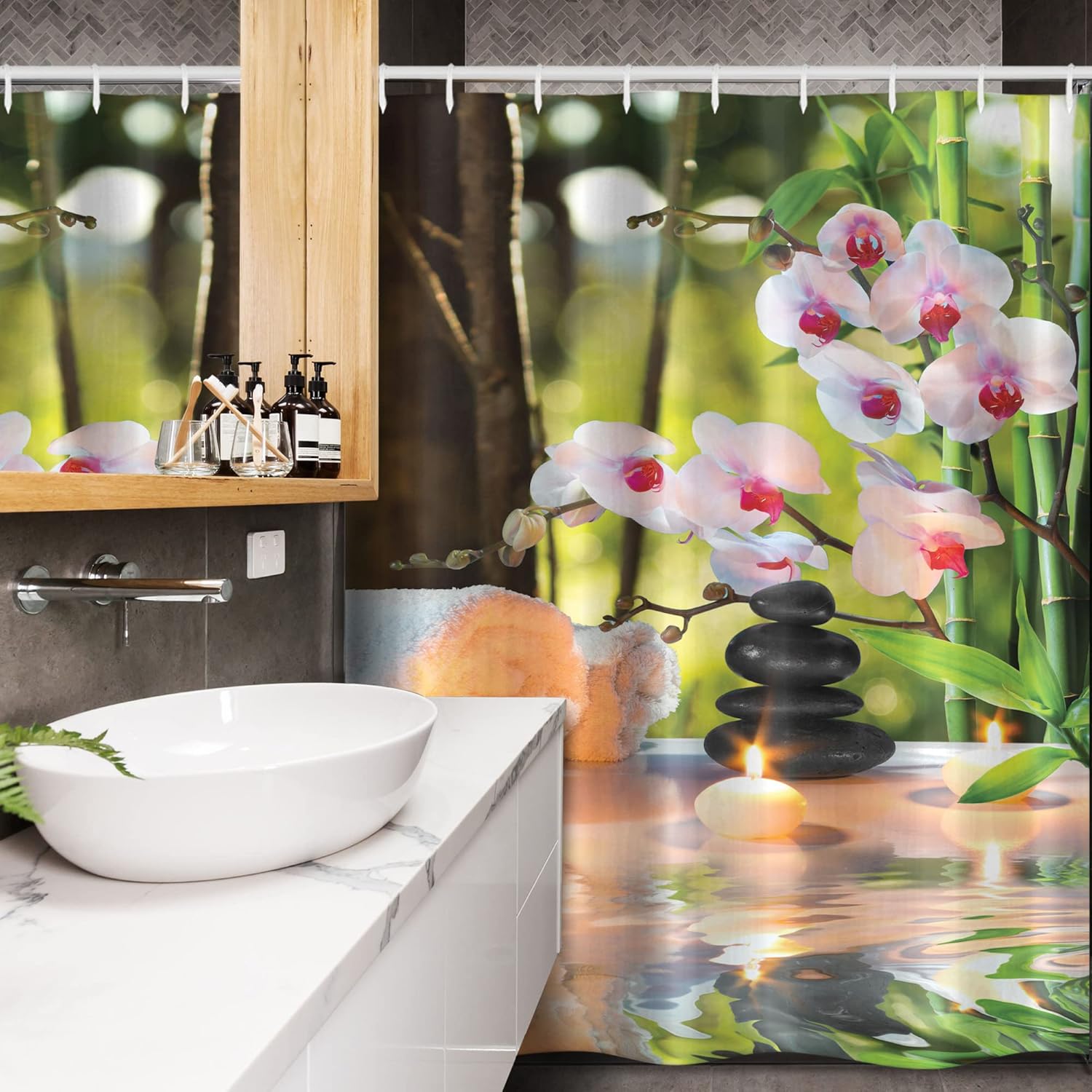 Ambesonne Spa Stall Shower Curtain, Massage Theme Candles Orchids and Stones in Garden Japanese Oriental, Fabric Bathroom Decor Set with Hooks, 54" W X 78" L, Green Fuchsia