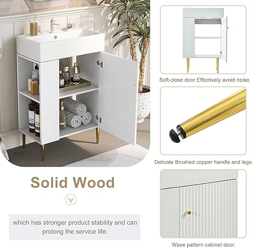 Miniatura 5 de P PURLOVE Tocador de baño de 21.6 pulgadas con lavabo de cerámica, armario de almacenamiento de baño con puerta y almacenamiento lateral izquierdo,