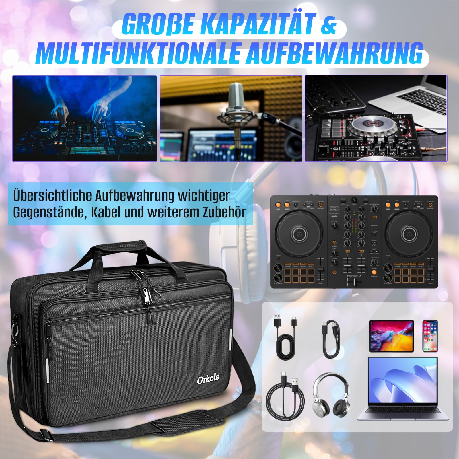 SUNDOY Bolsa de Transporte para DJ Compatible con Pioneer Controller – Maletín de Transporte a Prueba de Golpes con Correa para el Hombro y Compartimentos para Accesorios, Negro, 55x32x12-CM, Tejido