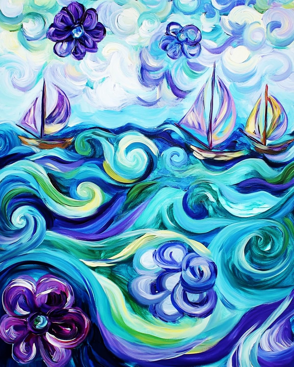 Liubaishi Multicolour Paint By Numbers For Adults, Whirlwind Sail Sailboat Ocean Scene, 16X20 Inch Linen Canvas With Acrylic Paints And 3 Brushes