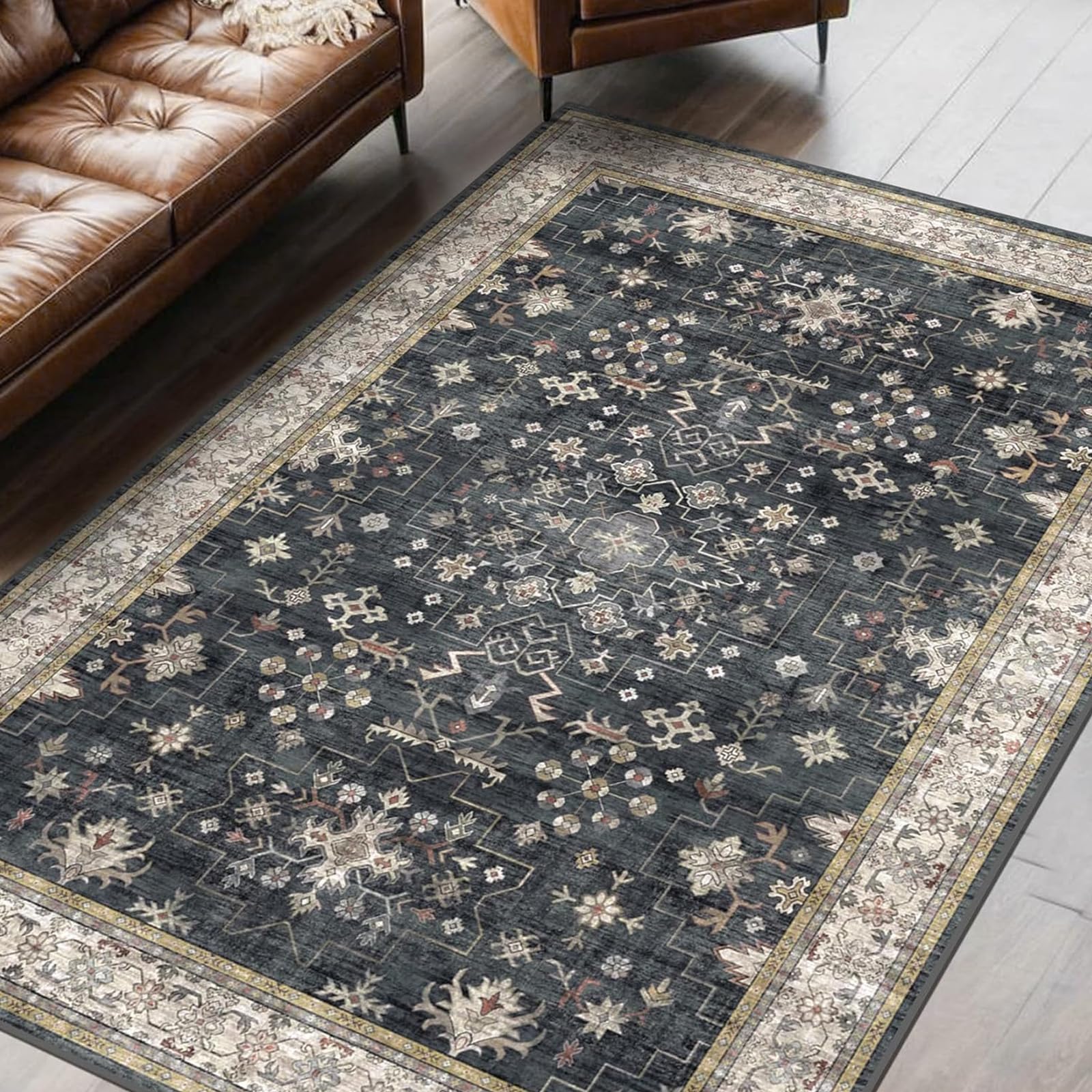 Tapis de terrasse haut de gamme style shabby chic gris et blanc 120x170 cm