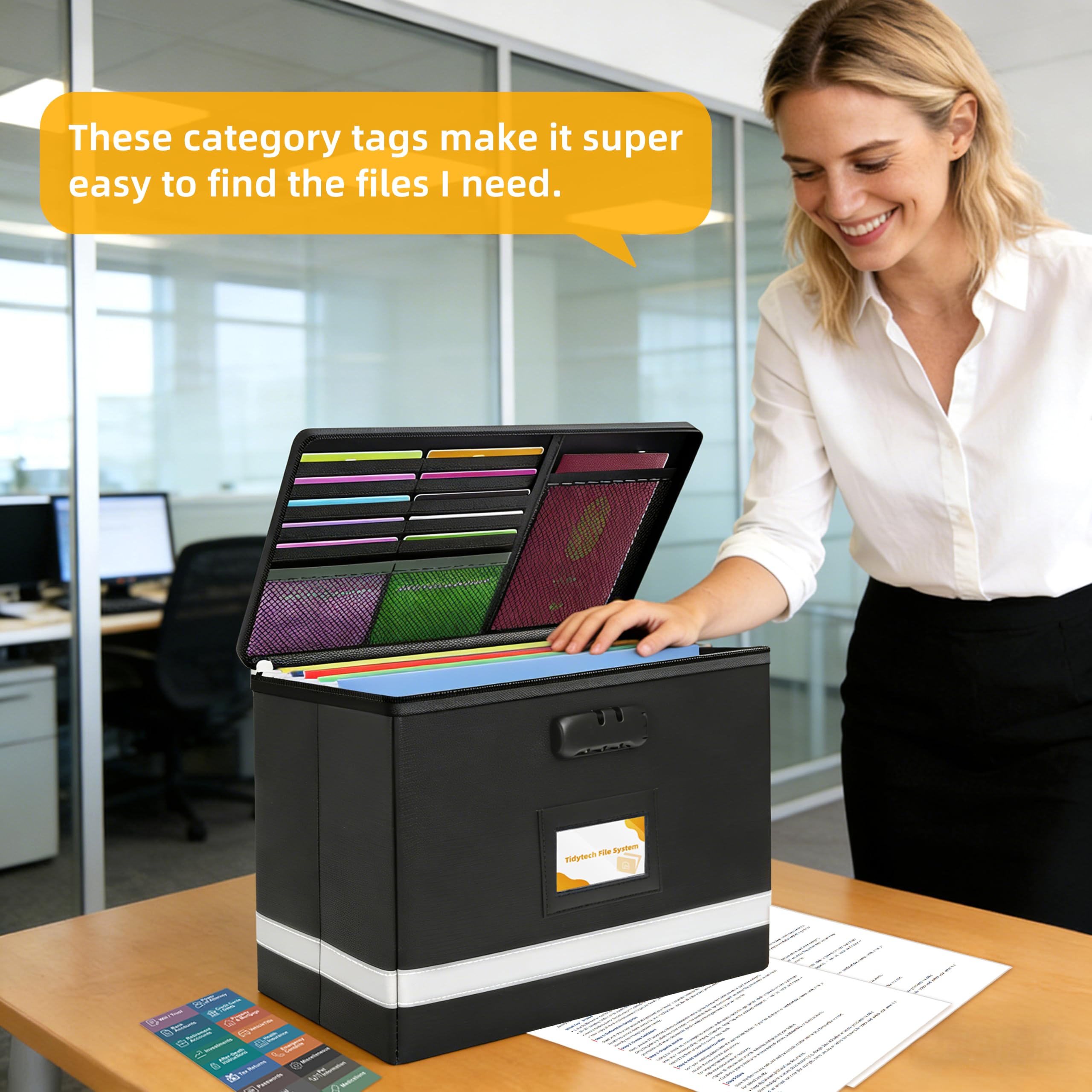 Deluxe Pro Small Next of Kin Box Organizer con guida per documenti di famiglia di 55 pagine, organizer pieghevole ignifugo con serratura a combinazione, 5 cartelle sospese e 128 etichette di categoria