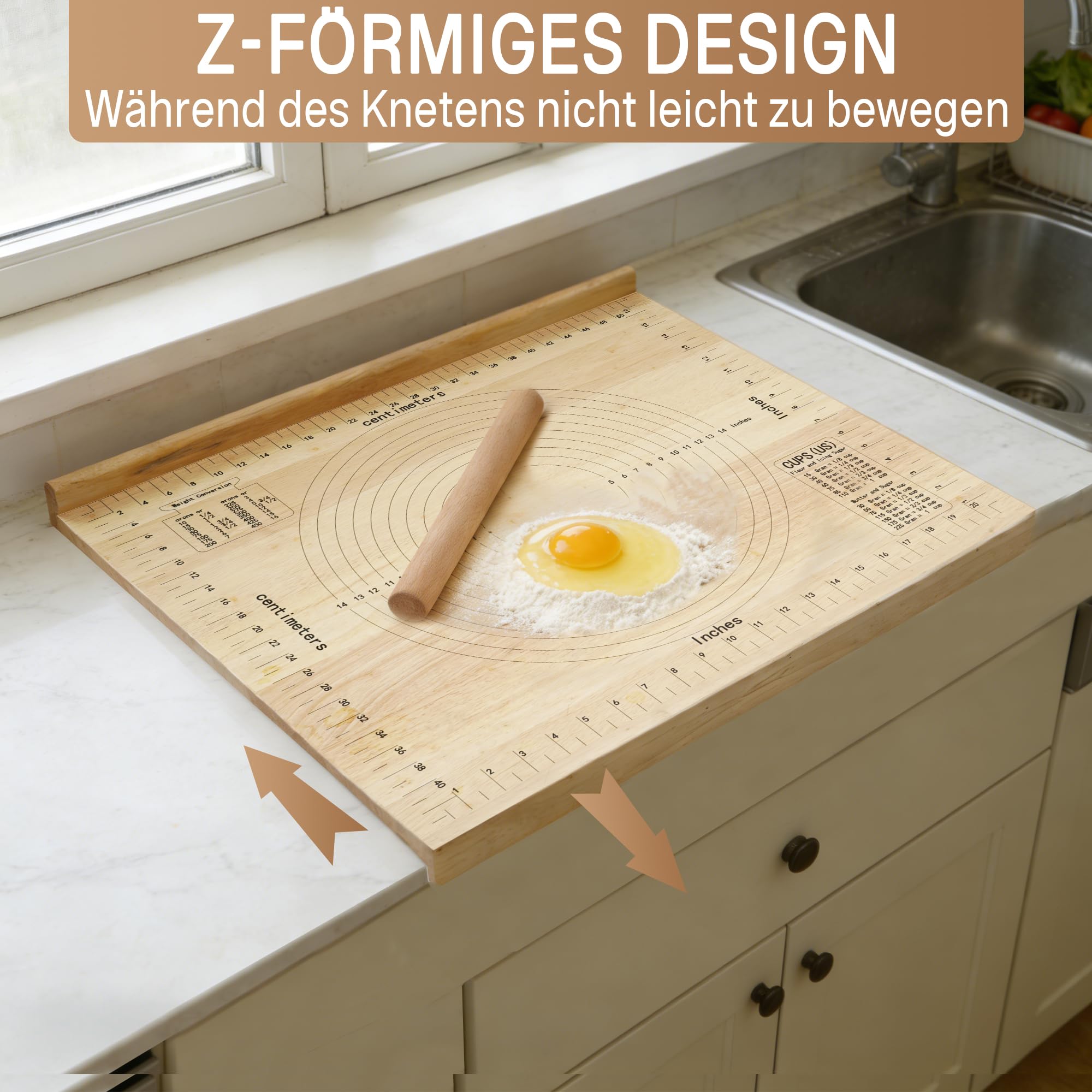 Schneidebrett Holz mit Skalenlinien 50×60cm×1,5cm Brotbretter mit Nudelholz aus Holz Küchenbrett mit Anschlagkante Frühstücksbretter für Arbeitsplatte Küche, Bar, Restaurants