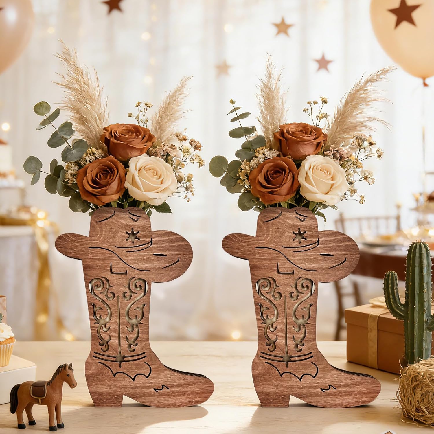 2 Pack Cowboys Party Decorations Western Wall Decor Wooden Boots Vase Sets for Home Rodeo Birthday Supplies Planter for Faux Greenery Vintage Wall Art for Farmhouse Bows or Boots Gender Reveal Gifts