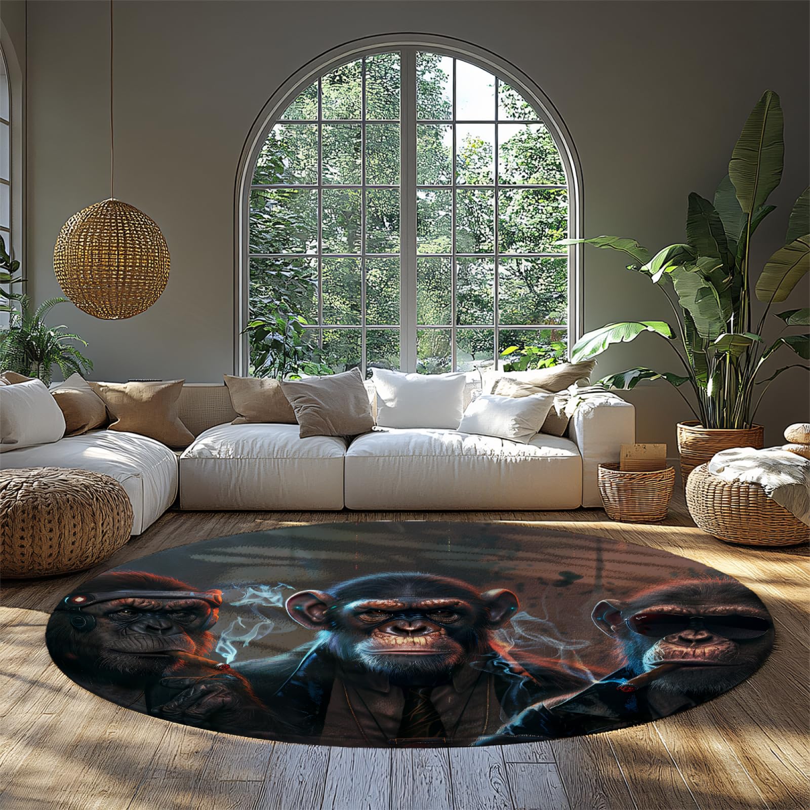 Tapis rond hippie gorille noir lavable en machine avec dossier antidérapant