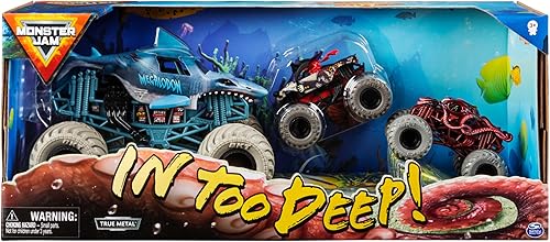 Miniatura 2 de Monster Jam, Into The Deep - Paquete de 3 camiones monstruo fundidos a presión, escala 124, Megalodon a escala 164 y Octon8er, juguetes para niños
