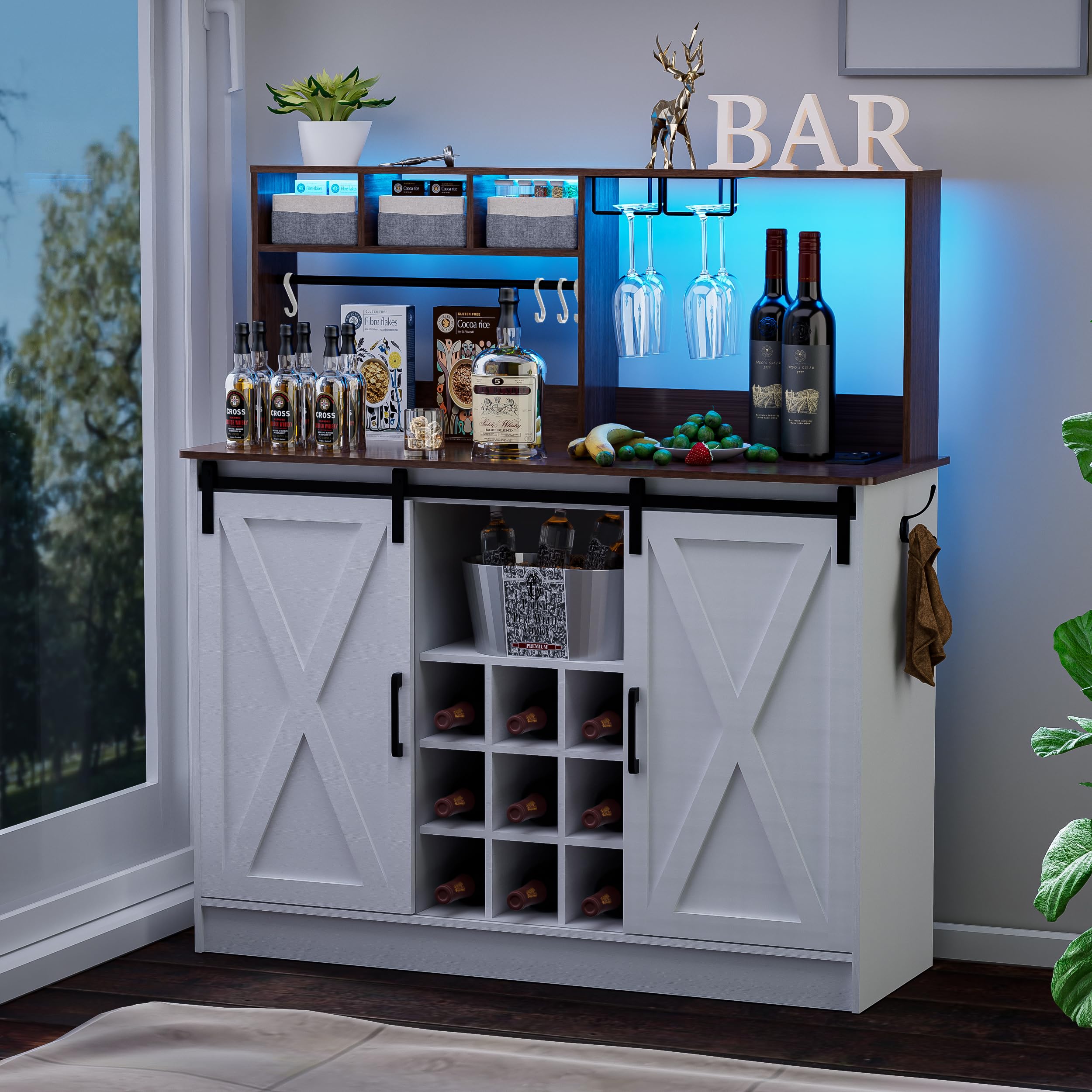 PAKASEPT Coffee Bar Cabinet with Adjustable 20-Color LED Lights and 6.5FT Outlet, Kitchen Buffet Storage Cabinet, 47'' Sideboard Buffet Cabinet with Sliding Barn Door, Adjustable Shelf and Wine Racks