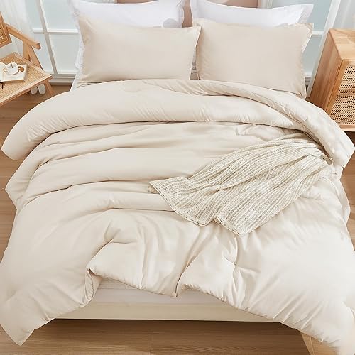 Miniatura 4 de annadaif Juego de edredón de tamaño matrimonial, color beige, edredón bohemio de 3 piezas, tamaño matrimonial, ligero, liso, suave, esponjoso, ideas
