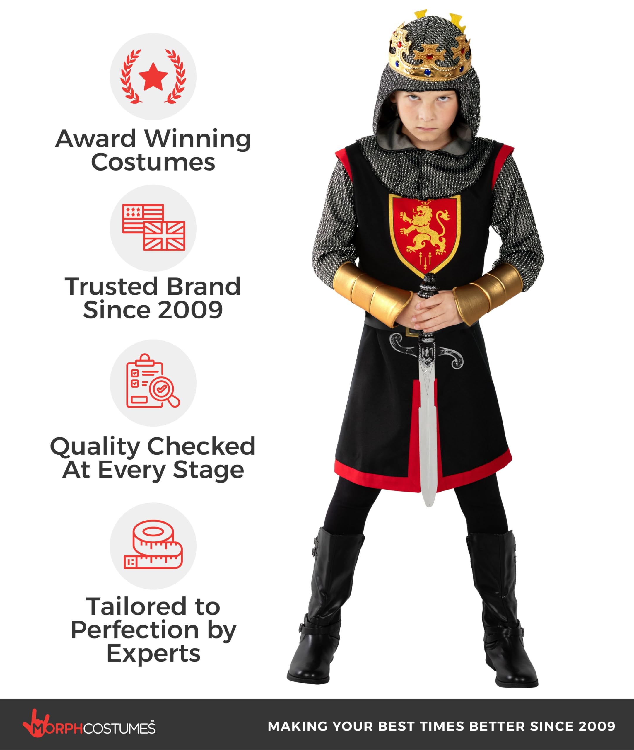 Morph Costume Cavaliere Bambino, Costume Medievale Halloween Bambino | Tunica, Cappuccio, Corona, Cintura & Guanti, Perfetto per Halloween, Ideale per il Gioco di Ruolo