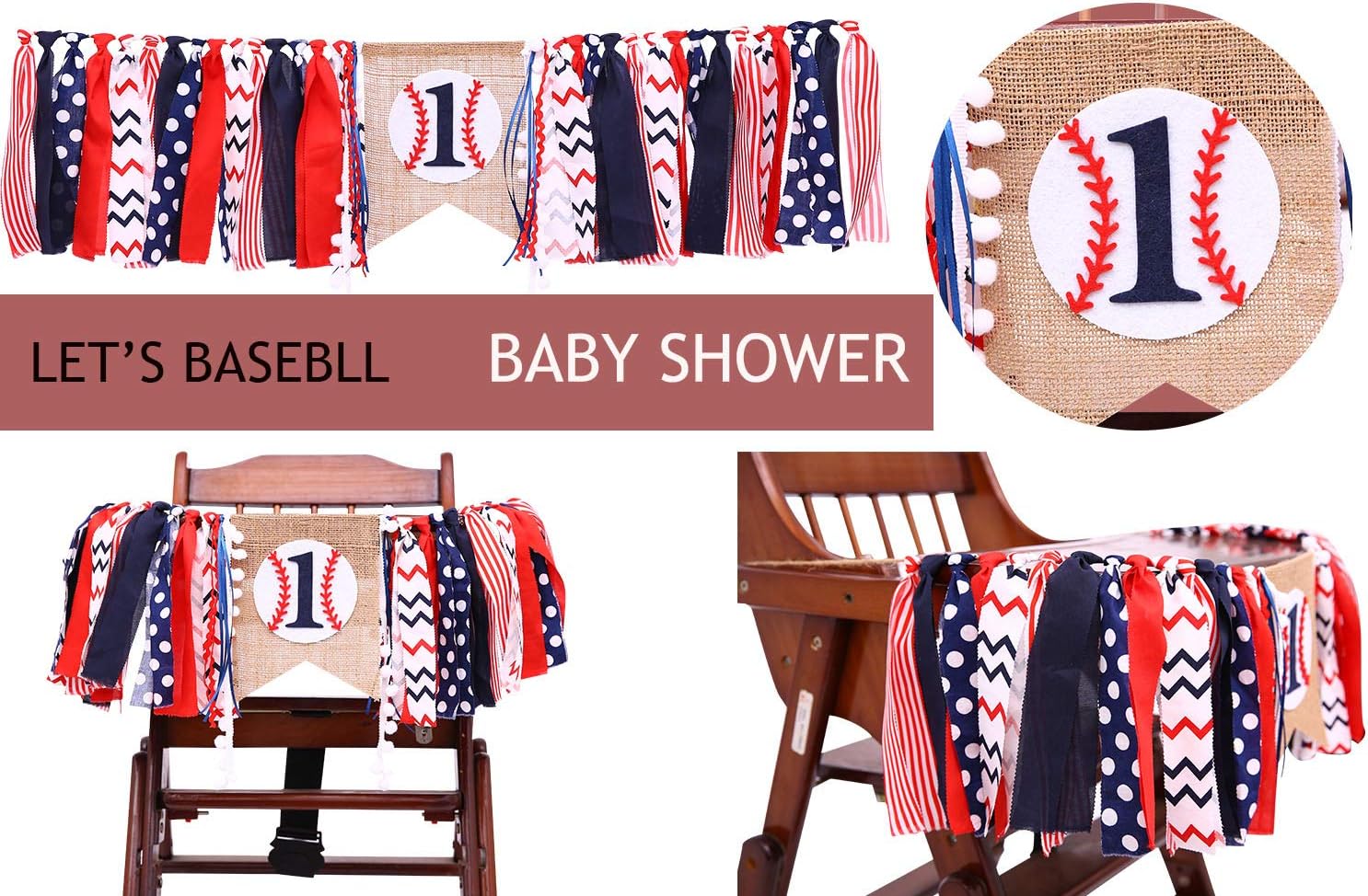 Baseball Banner for 1 St Birthday - First Birthday Decorations for Baseball Rag Tie Fabric Garland, Photo Booth Props Red White Blue, Birthday Souvenir and Gifts for Boy