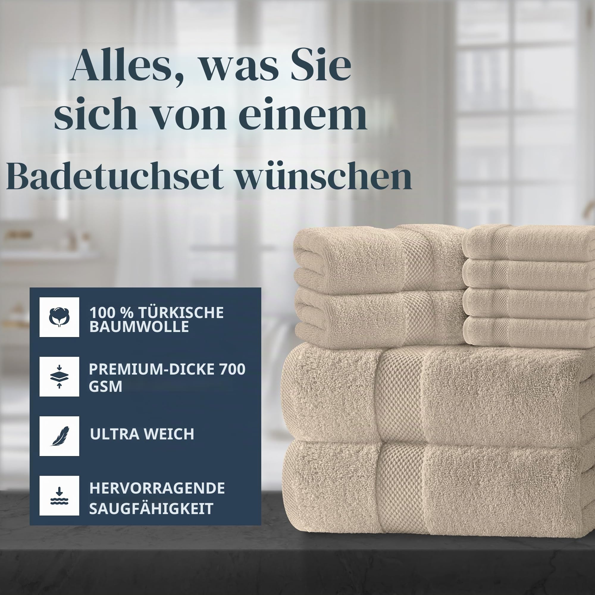 White Classic Luxus-Badetuch-Set mit 8 Teilen, 100 % türkische Baumwolle, sehr saugfähige Handtücher für Badezimmer, 2 Luxus-Badetücher 700 g/m², 2 Handtücher, 4 Waschlappen, Taupe