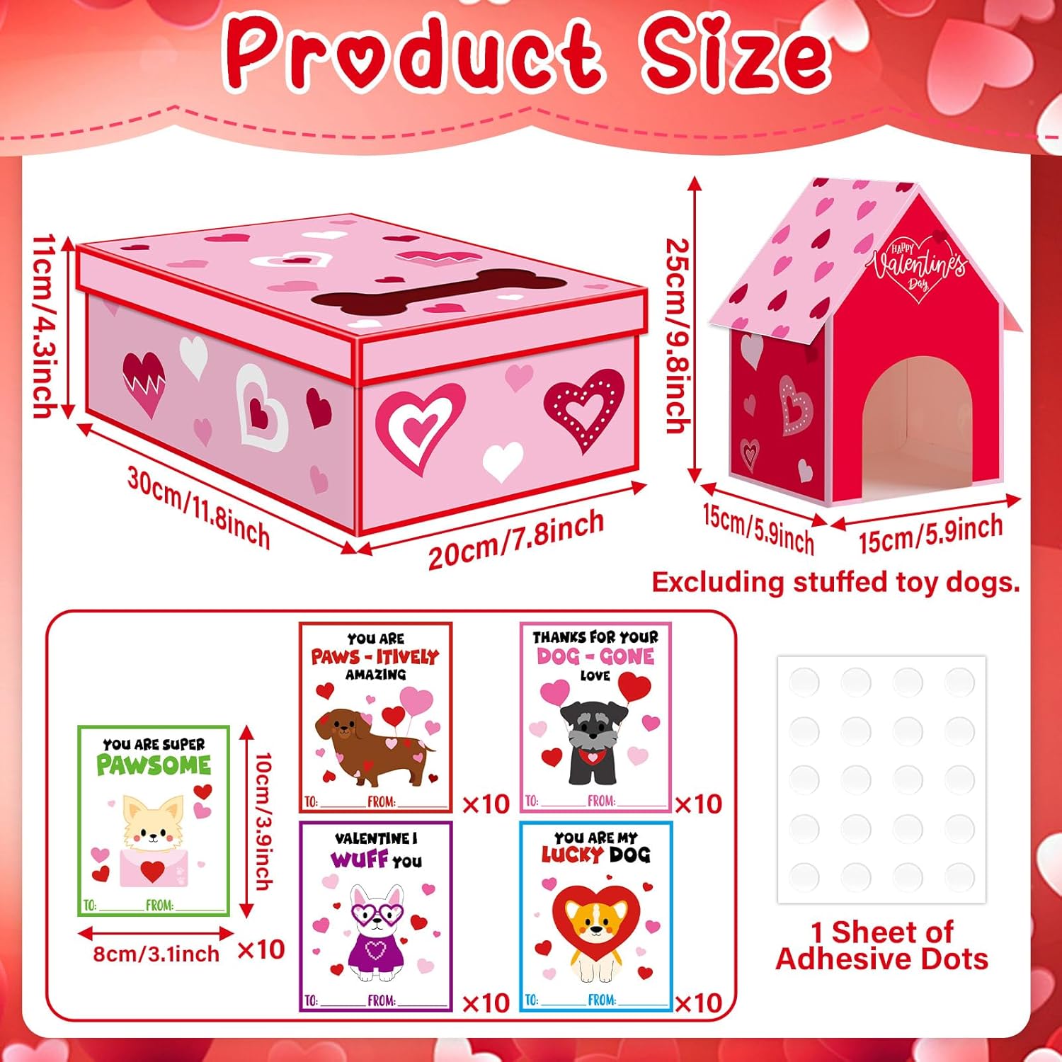 50 PCS Large Valentine's Day Card Box for Kids School Exchange Valentine's Day Dog House Mailbox for Classroom Exchange Valentine Card for Boys Girls Heart Party Favors