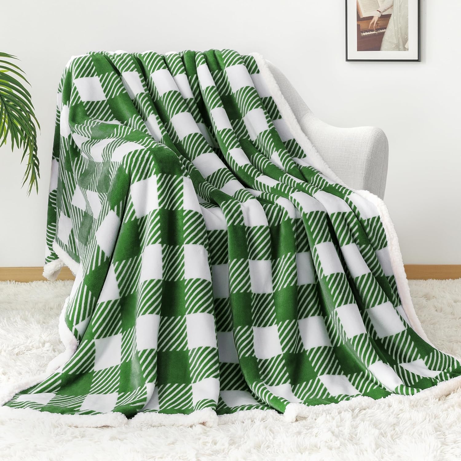 Touchat Sherpa Plaid Twin Blanket 60" X 70", Fuzzy Fluffy Soft Cozy Throw Blanket, Twin Size Plush Fleece Flannel Plush Microfiber Blanket for Couch Bed Sofa (GreenWhite) - Image 2
