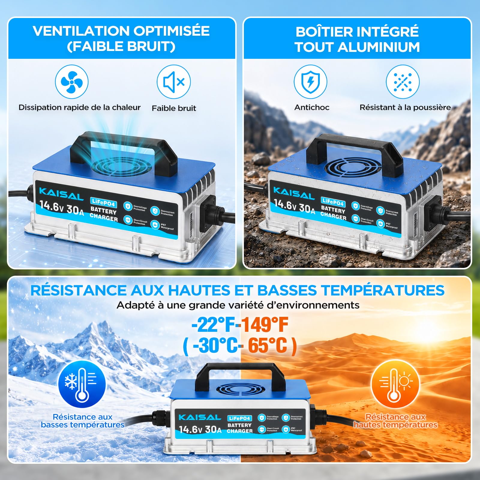 KAISAL 12V 30A Chargeur de Batterie Lithium, 14.6V Chargeur LiFePO4