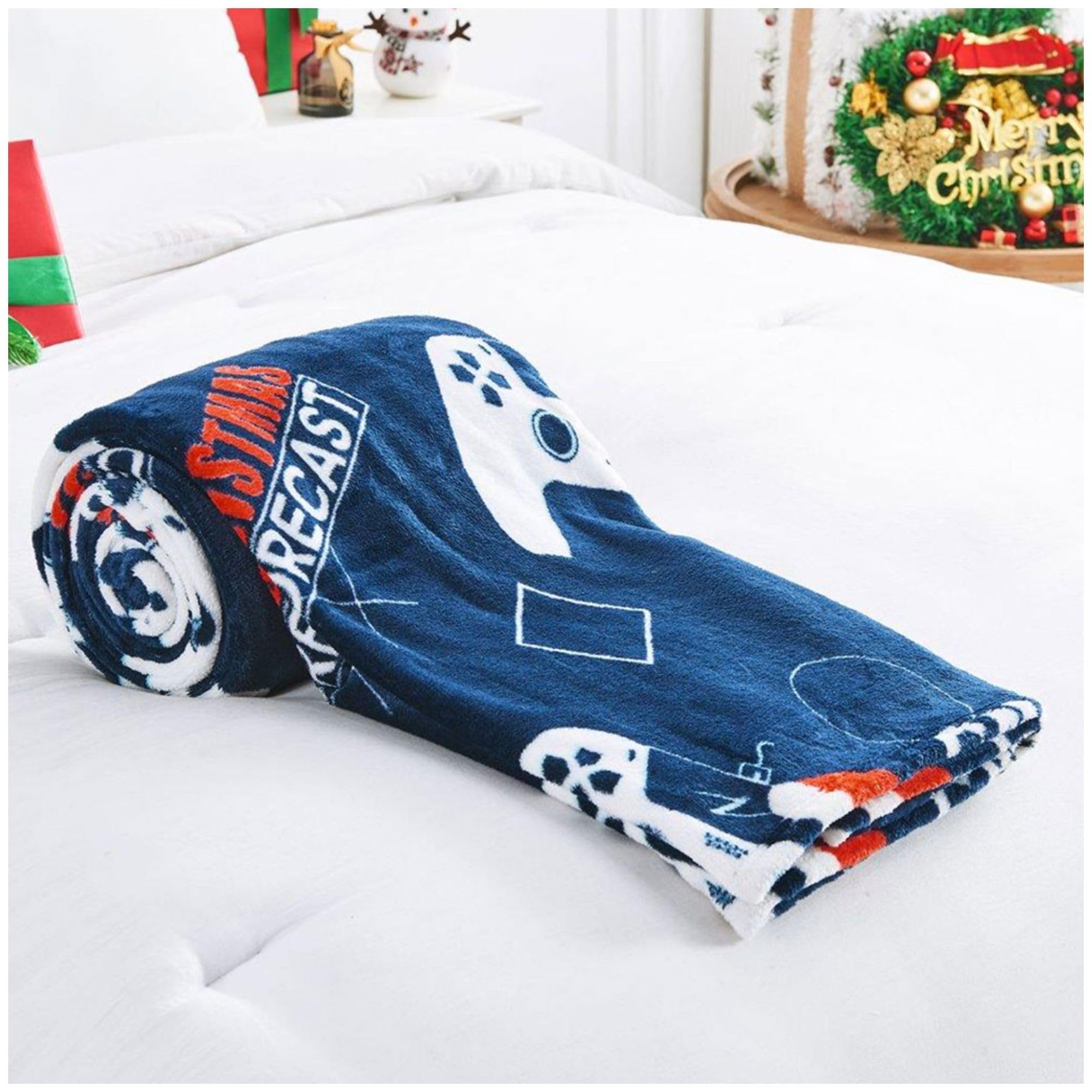 VELVETIO Flannel Fleece Xmas Throw 170 x 230cm, Cuddly & Fluffy Sherpa Warm Christmas Sofa Bed Blanket, Soft Lightweight Gamepad Throws for Couch, Multi